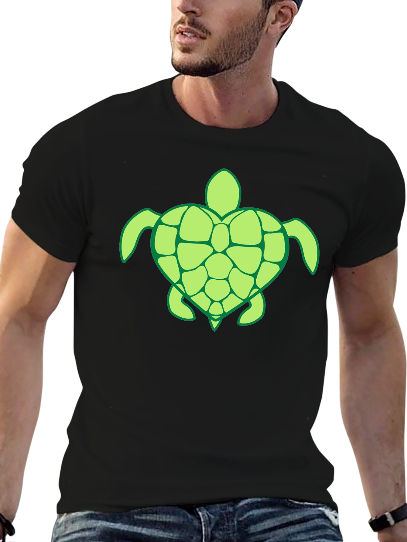 Mens Black T-Shirt with Green Turtle Design