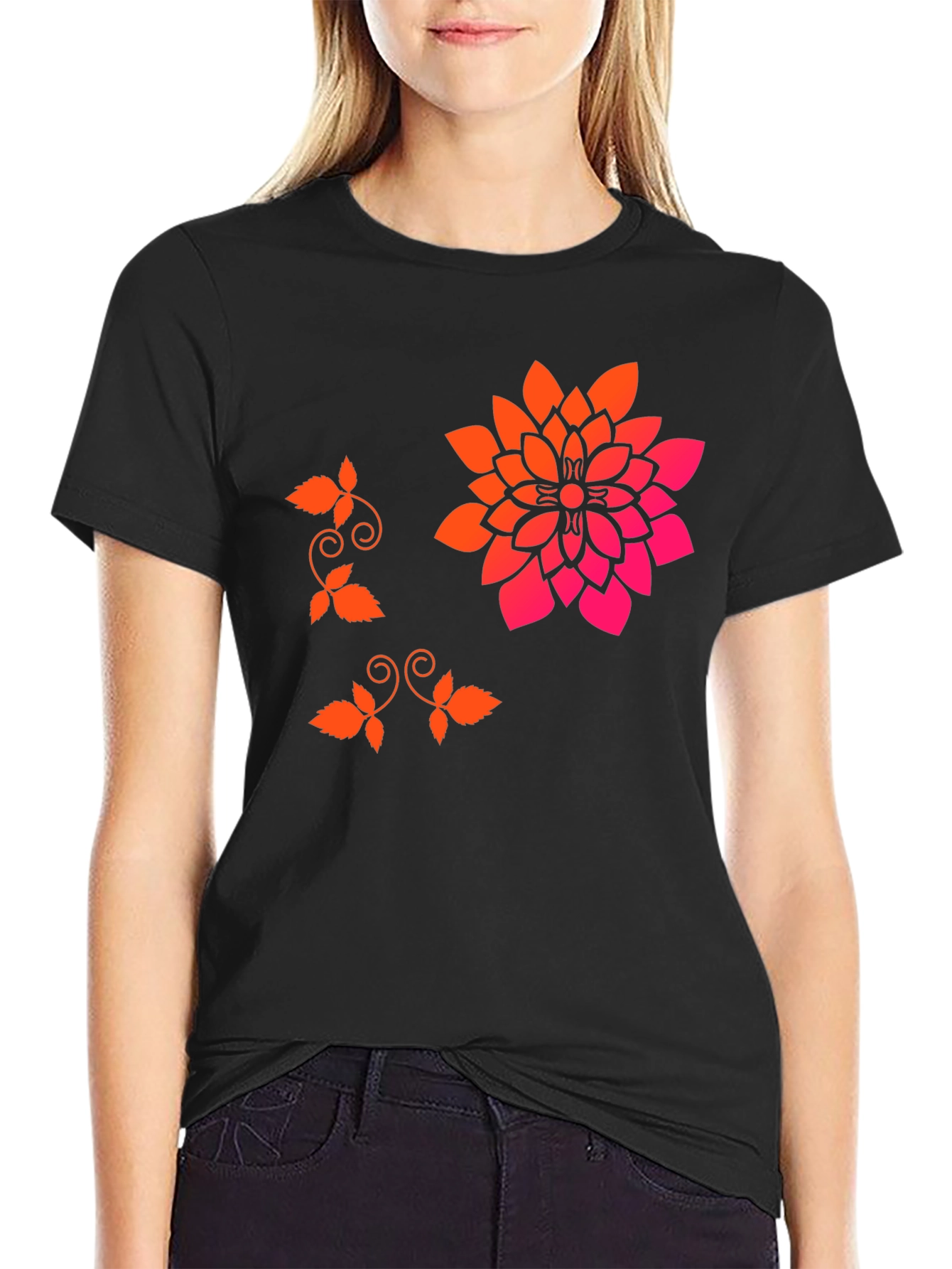 Stylish Black T-Shirt with Floral Accent