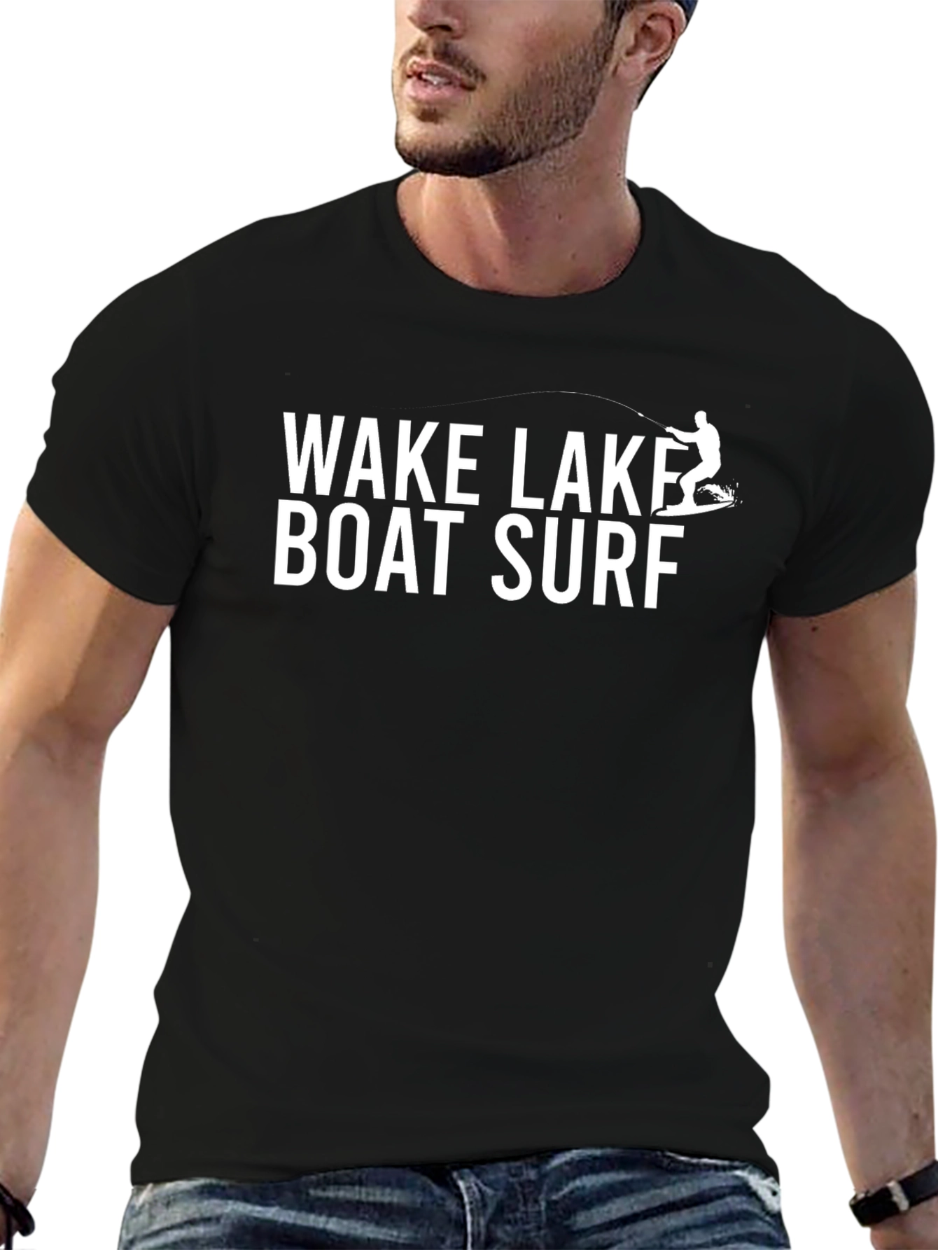 Wake Lake Boat Surf Black Graphic Tee