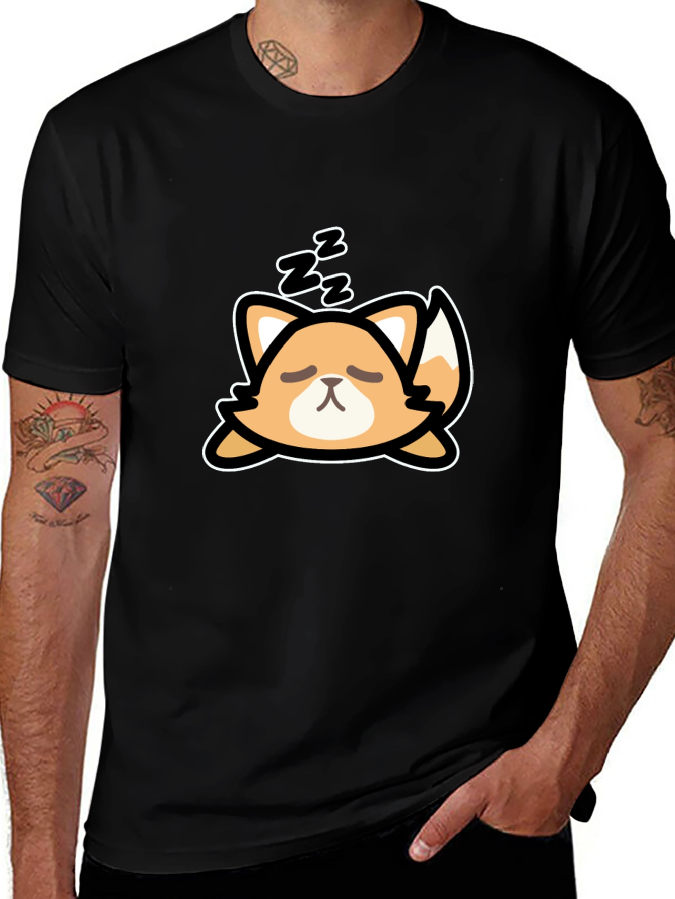 Cute Sleeping Fox Graphic Tee - Black Cotton T-Shirt