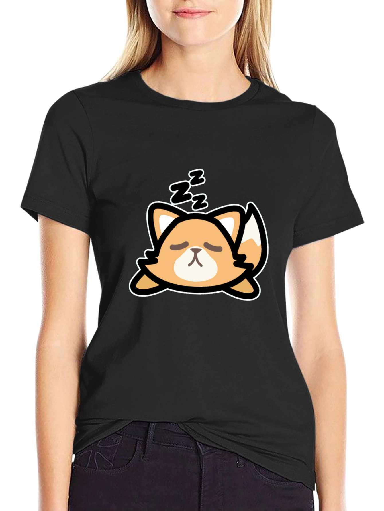 Cute Sleeping Fox Graphic Tee - Black Cotton T-Shirt