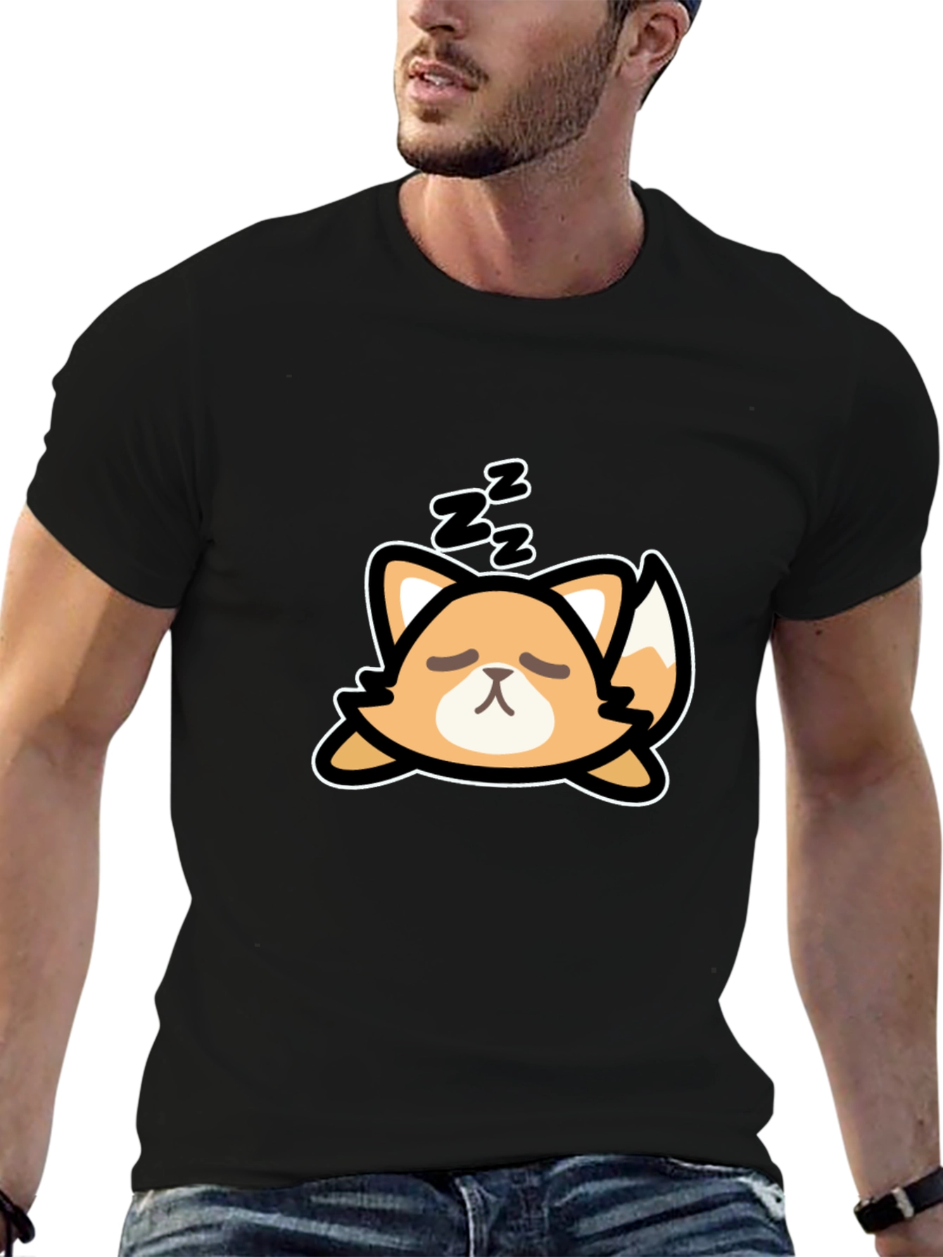 Cute Sleeping Fox Graphic Tee - Black Cotton T-Shirt