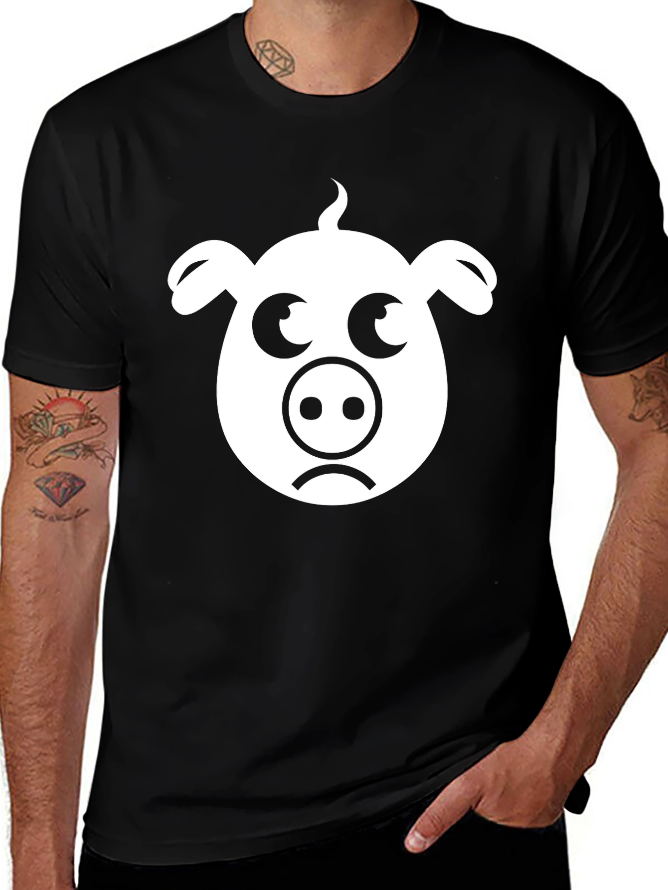 Sad Pig Face T-Shirt - Black Cotton Tee