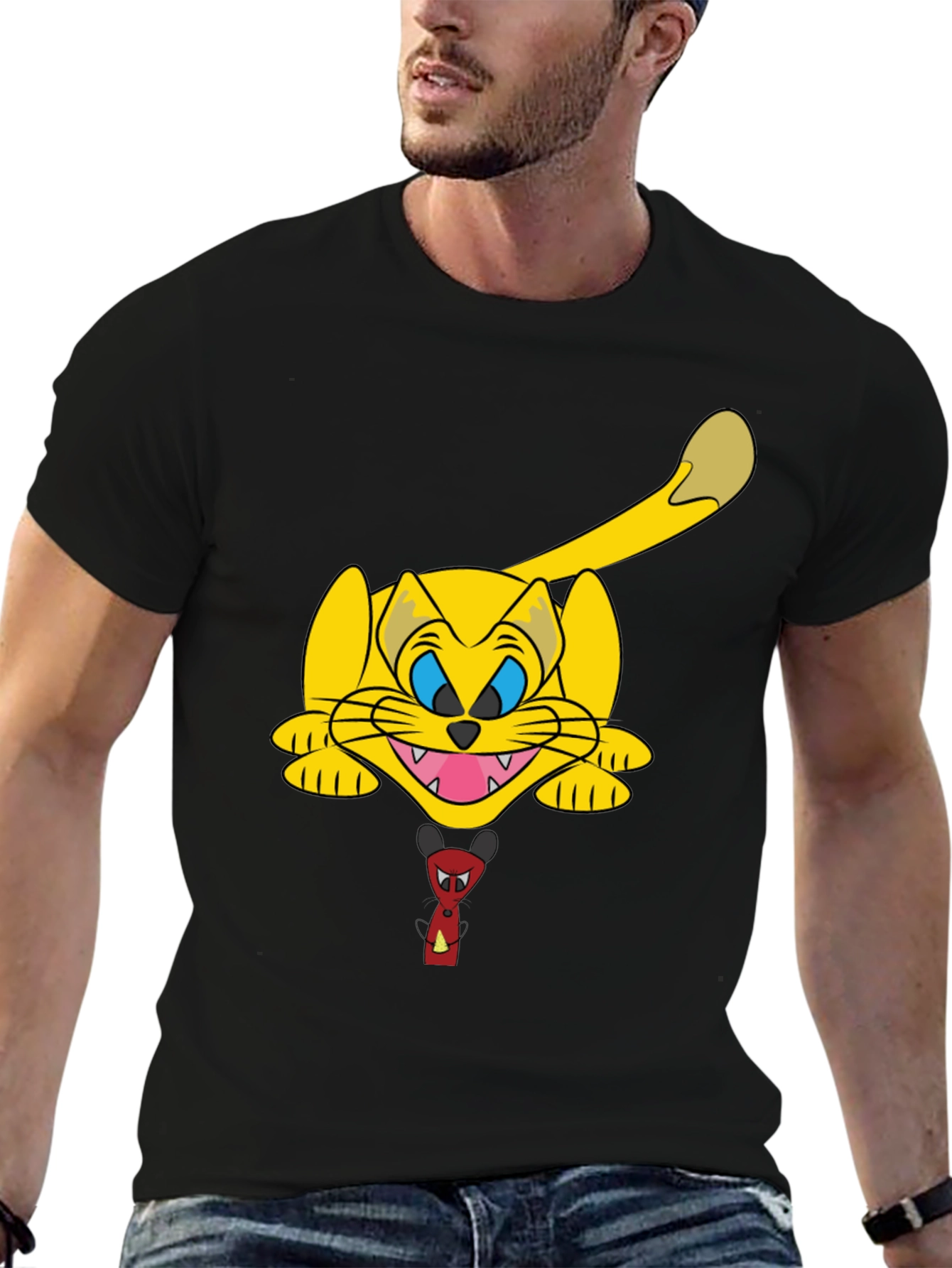 Cartoon Cat Graphic Black T-Shirt