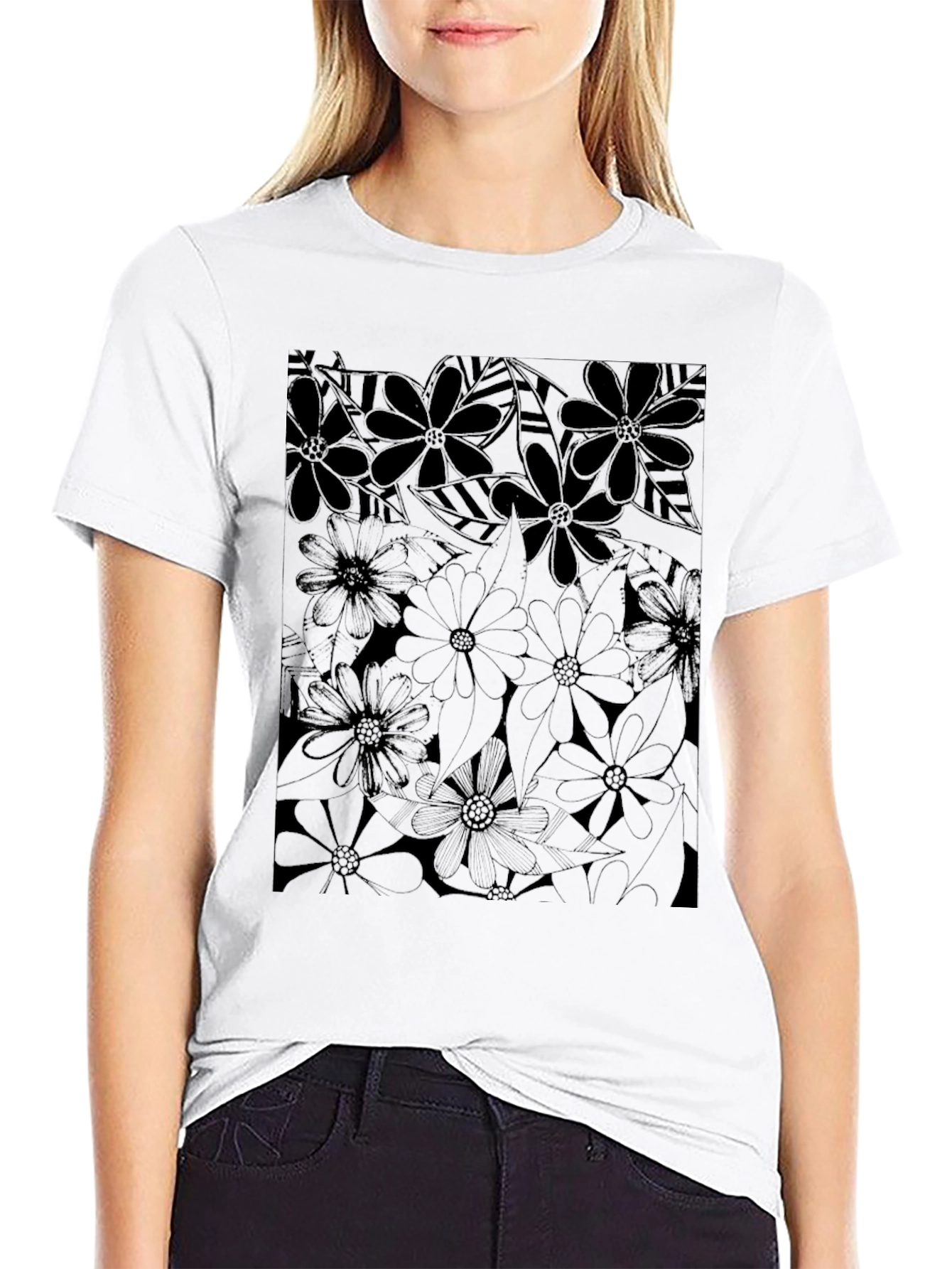 Floral Print T-Shirt - Modern Black Graphic Tee