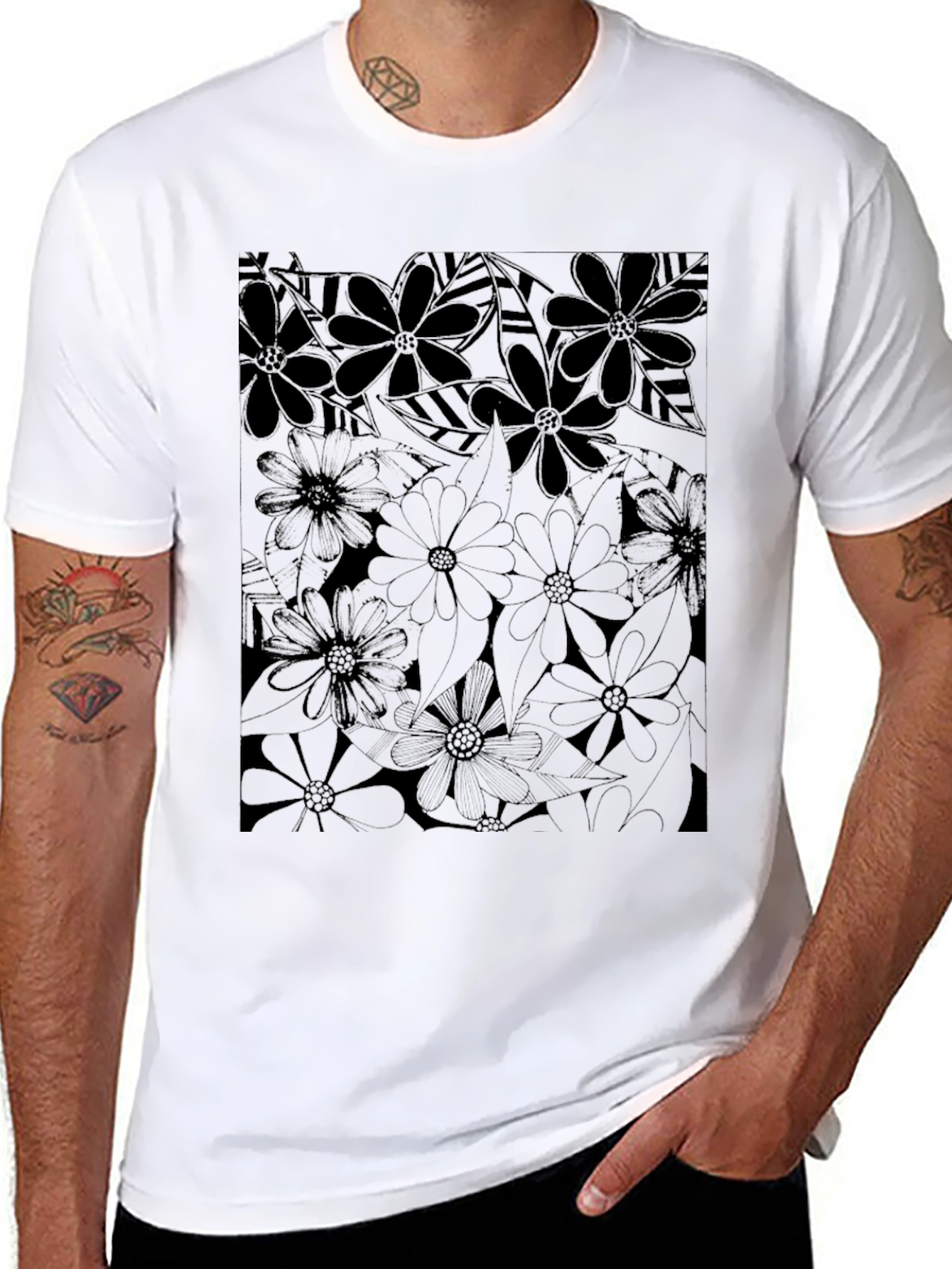 Floral Print T-Shirt - Modern Black Graphic Tee
