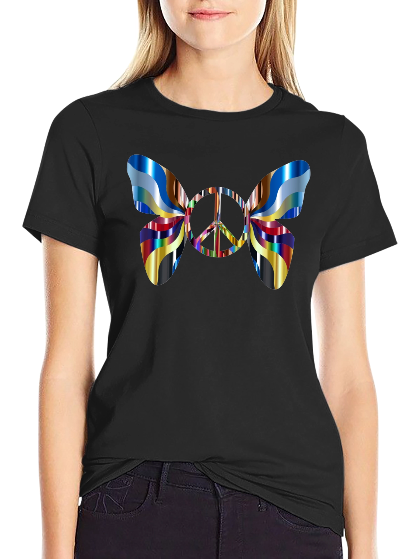 Peace Sign Butterfly Graphic Tee - Black