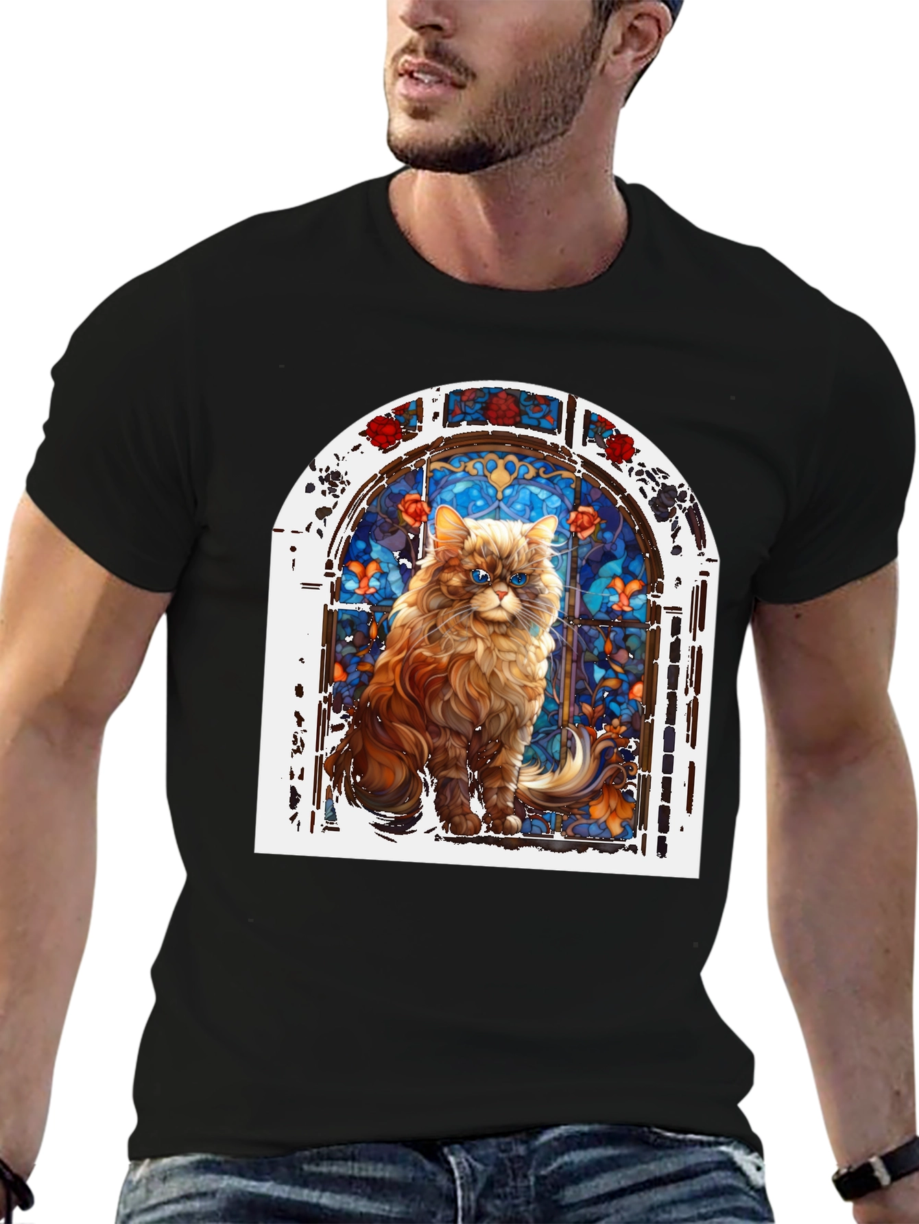 Cat in Stained Glass Window Graphic T-Shirt