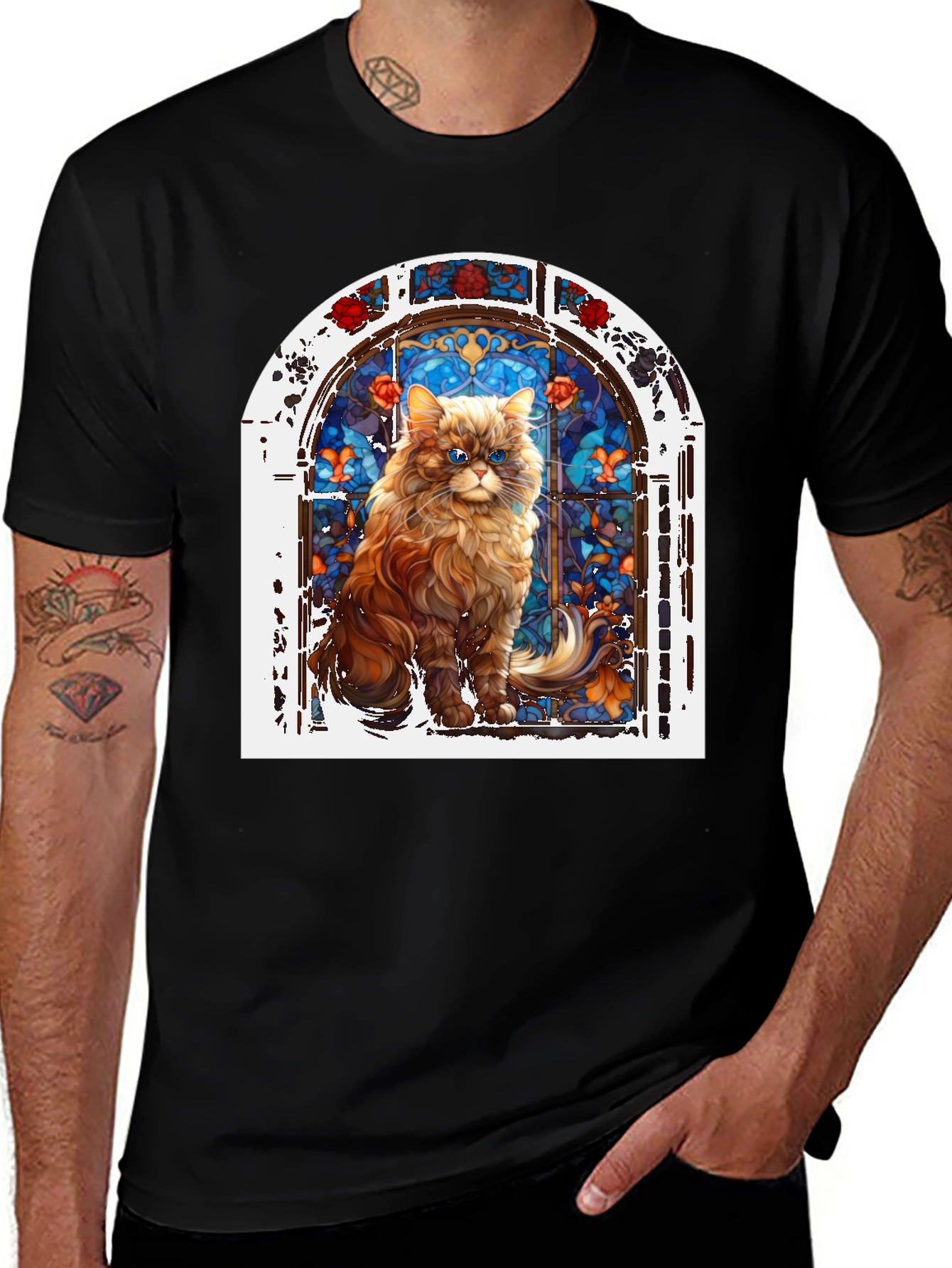 Cat in Stained Glass Window Graphic T-Shirt