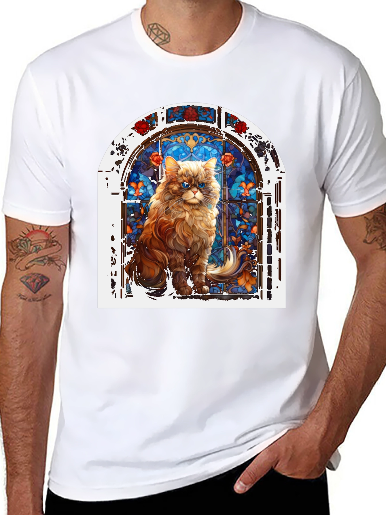 Cat in Stained Glass Window Graphic T-Shirt