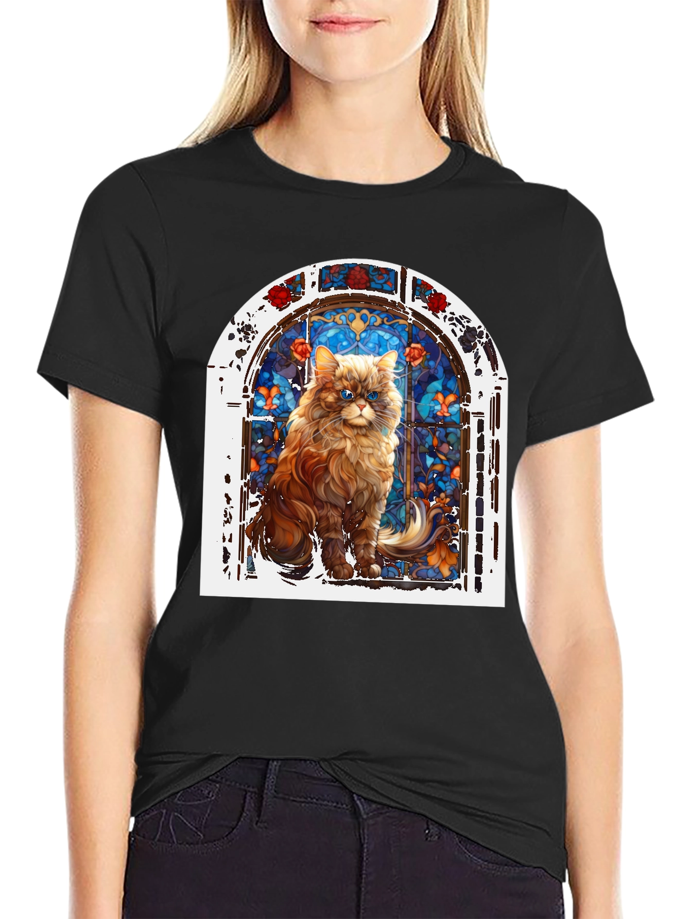 Cat in Stained Glass Window Graphic T-Shirt