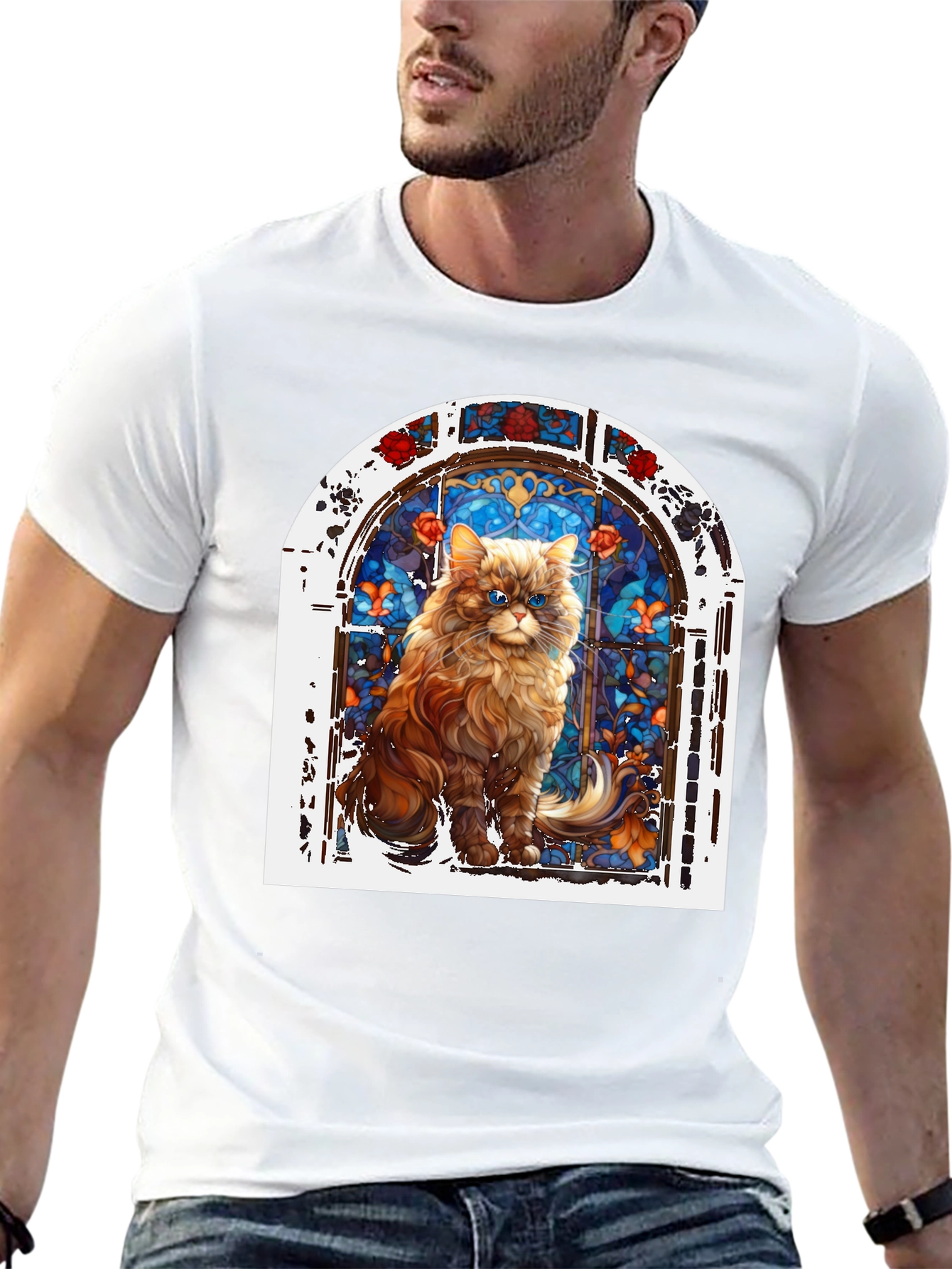 Cat in Stained Glass Window Graphic T-Shirt