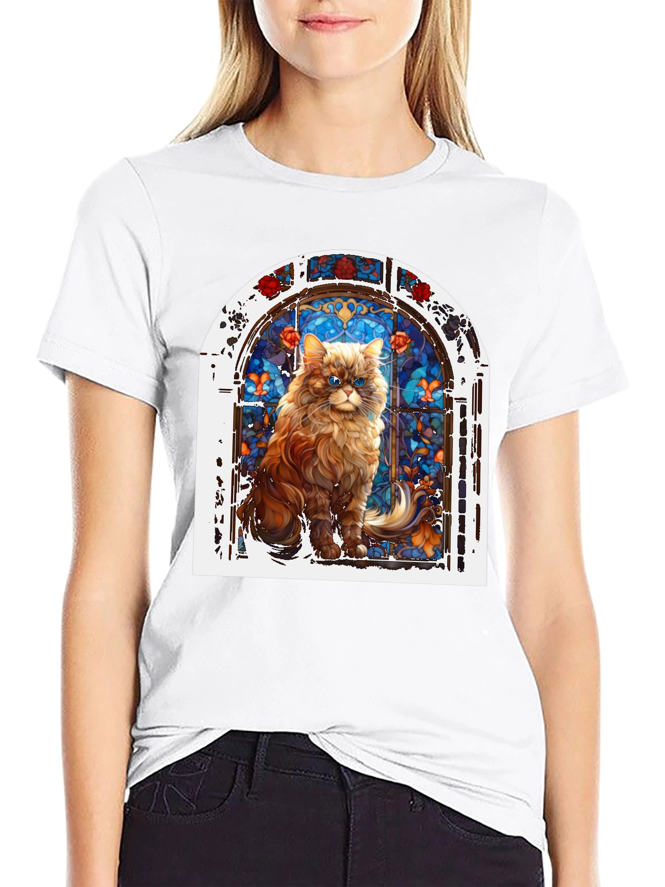 Cat in Stained Glass Window Graphic T-Shirt