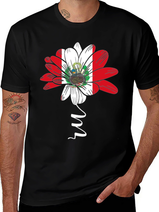 Peru Flag Flower Graphic Tee - Black Cotton T-Shirt