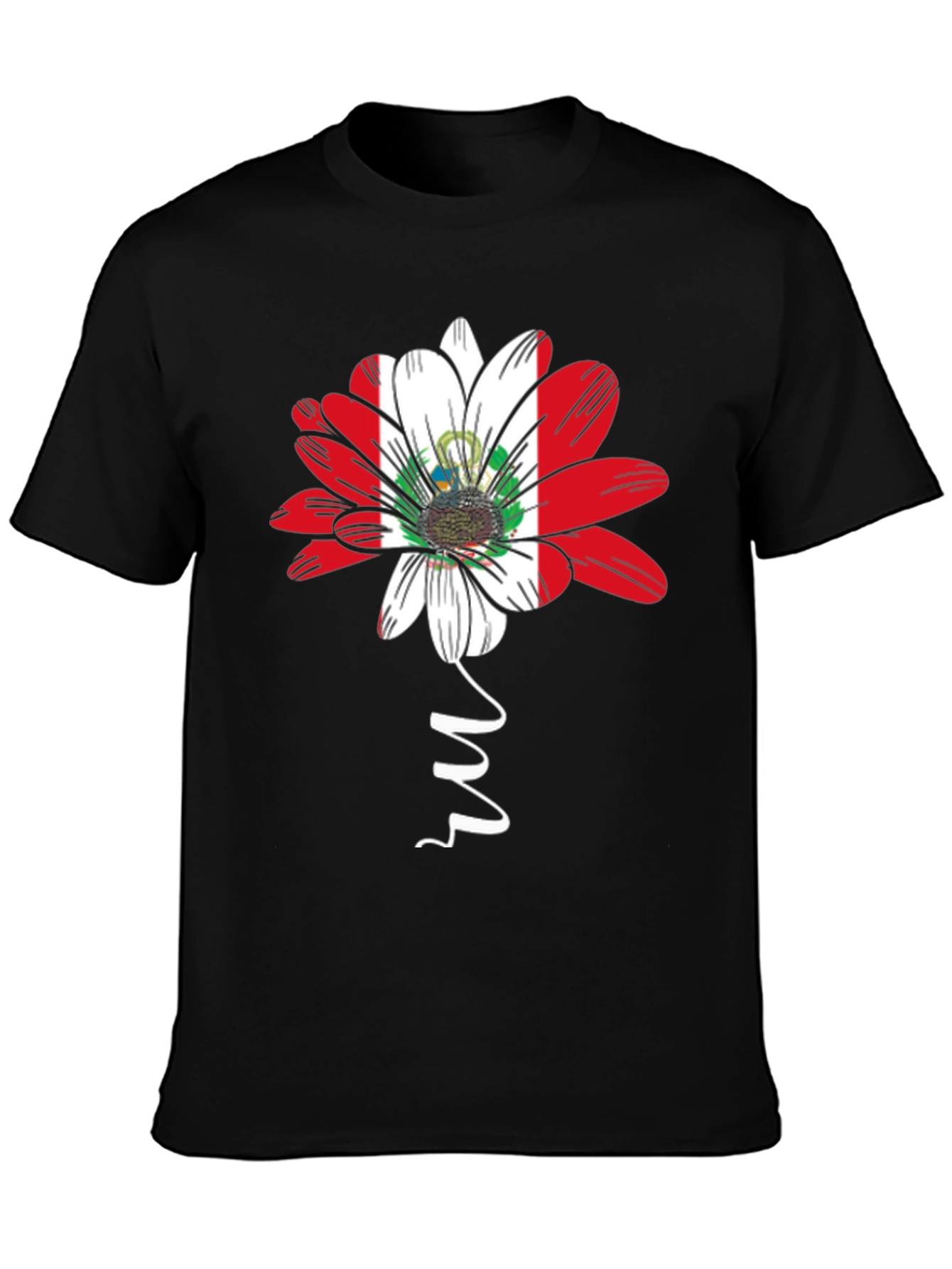 Peru Flag Flower Graphic Tee - Black Cotton T-Shirt