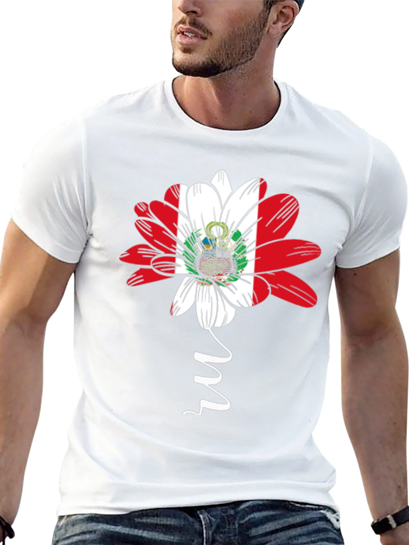 Peru Flag Flower Graphic Tee - Black Cotton T-Shirt