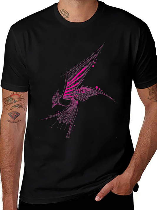 Geometric Pink Bird Print Black T-Shirt