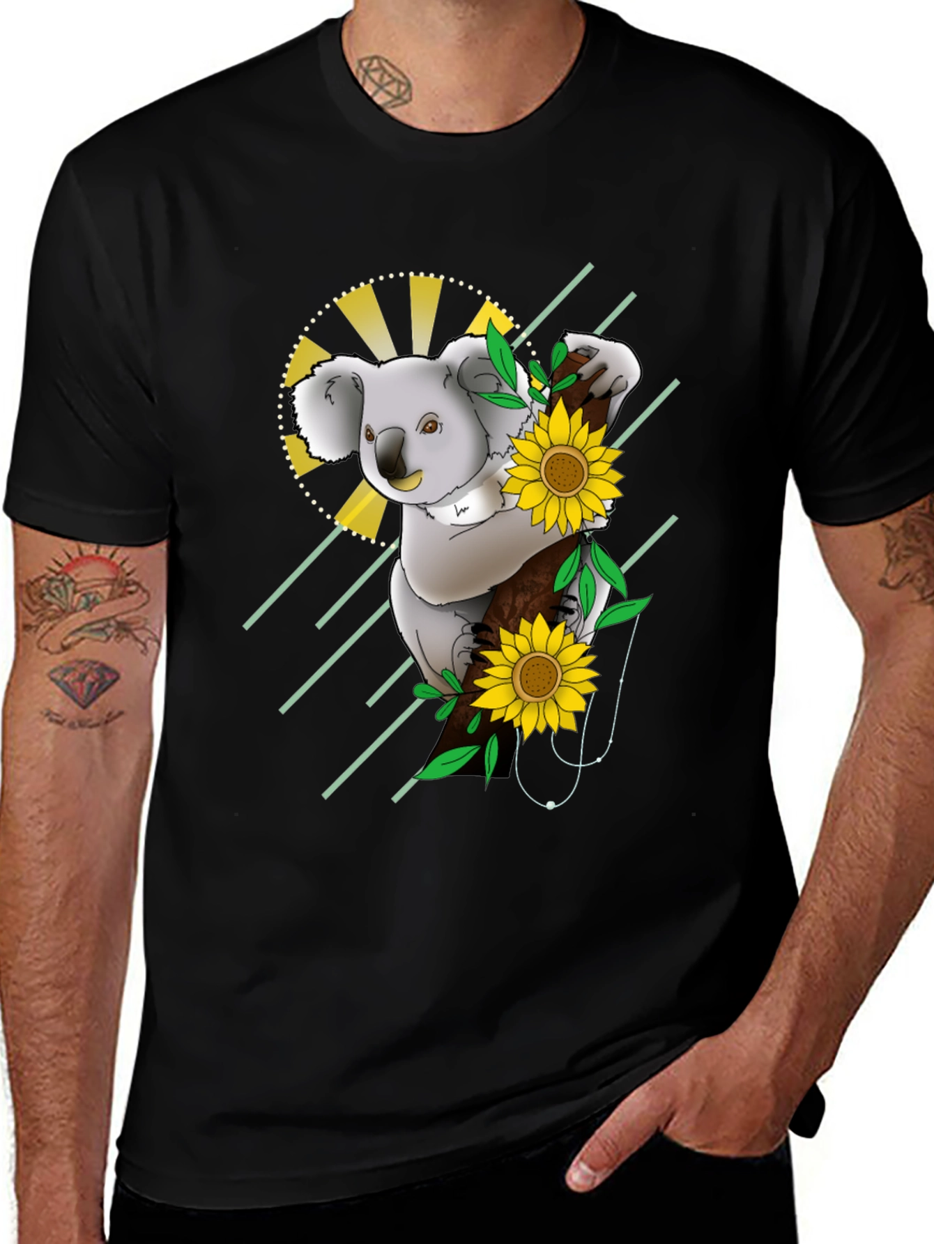 Koala & Sunflower Graphic Black T-Shirt