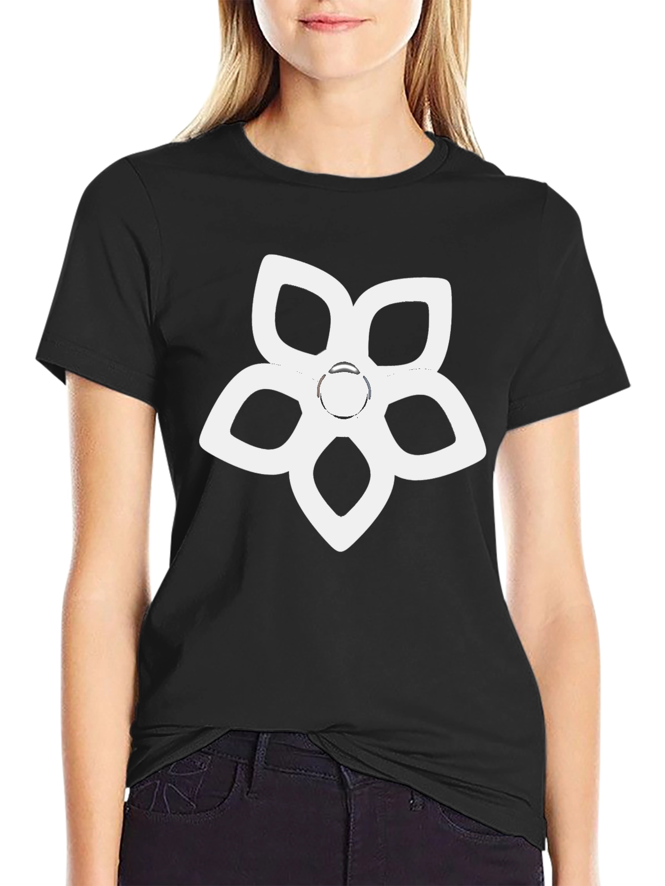 Black T-Shirt with White Flower Spinner Design