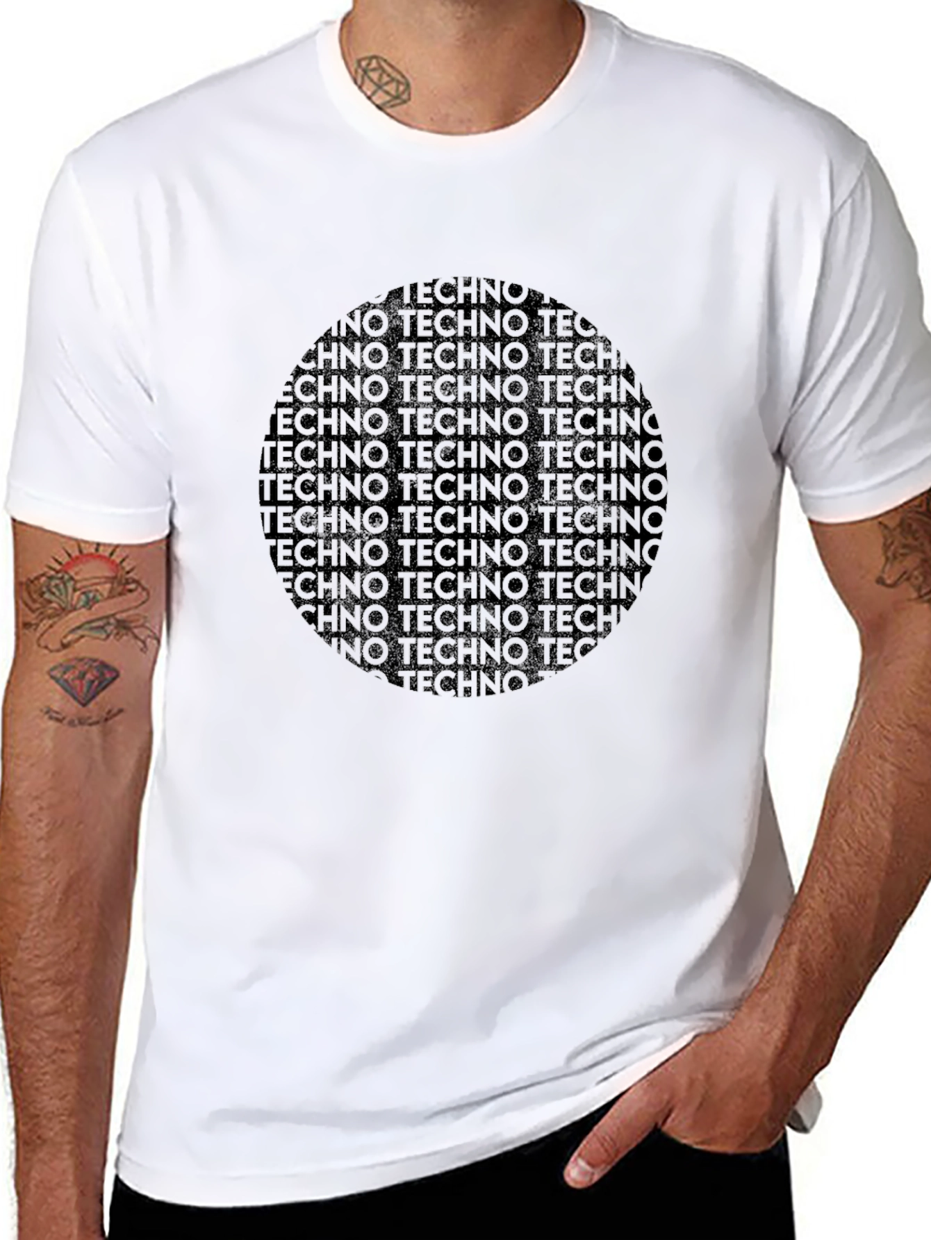 Black Techno Music Graphic Print Crew Neck T-Shirt