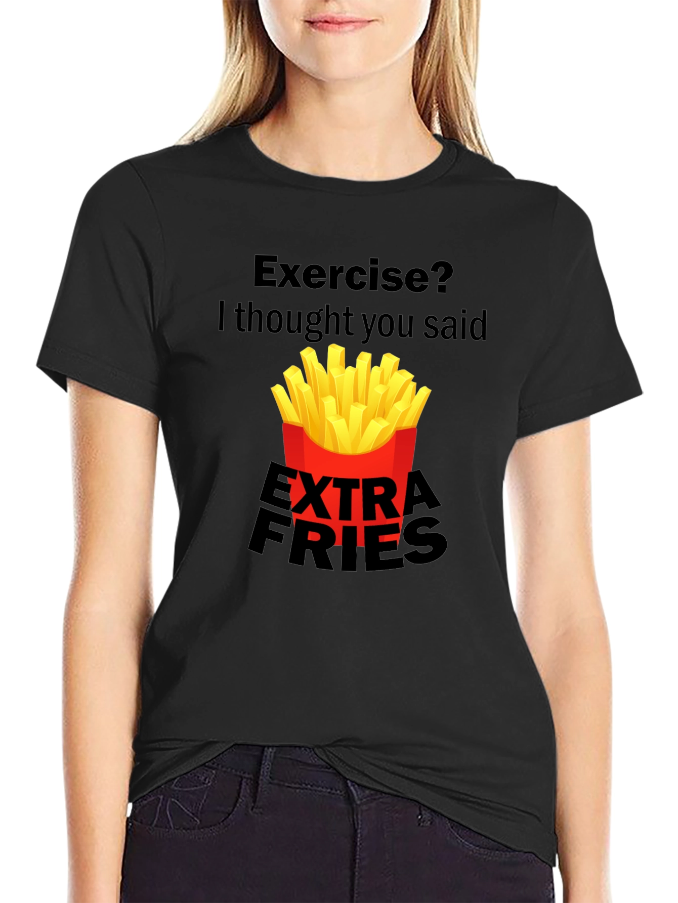 Exercise? Extra Fries Black Graphic Tee