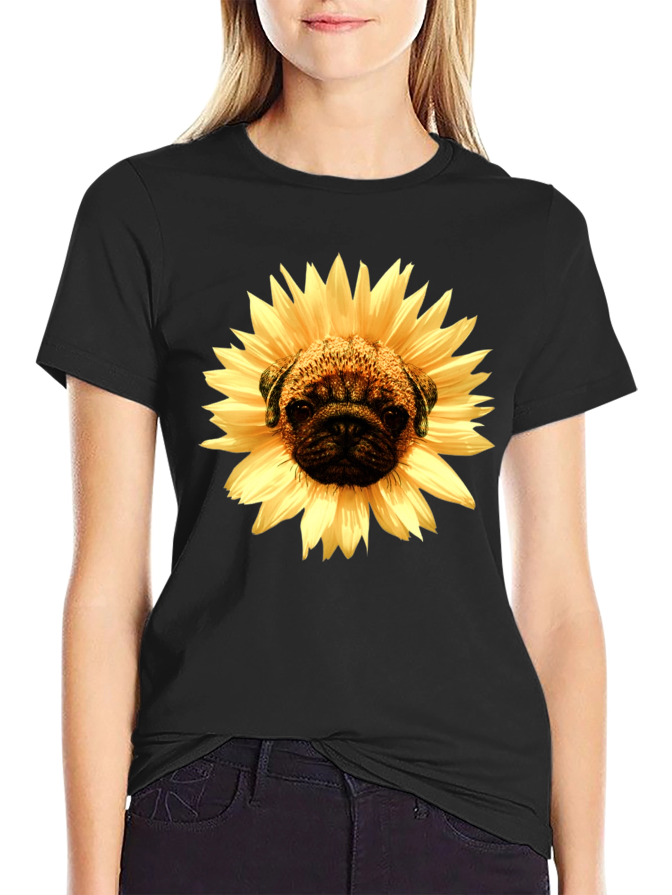 Sunflower Pug Graphic Tee - Mens Black T-Shirt