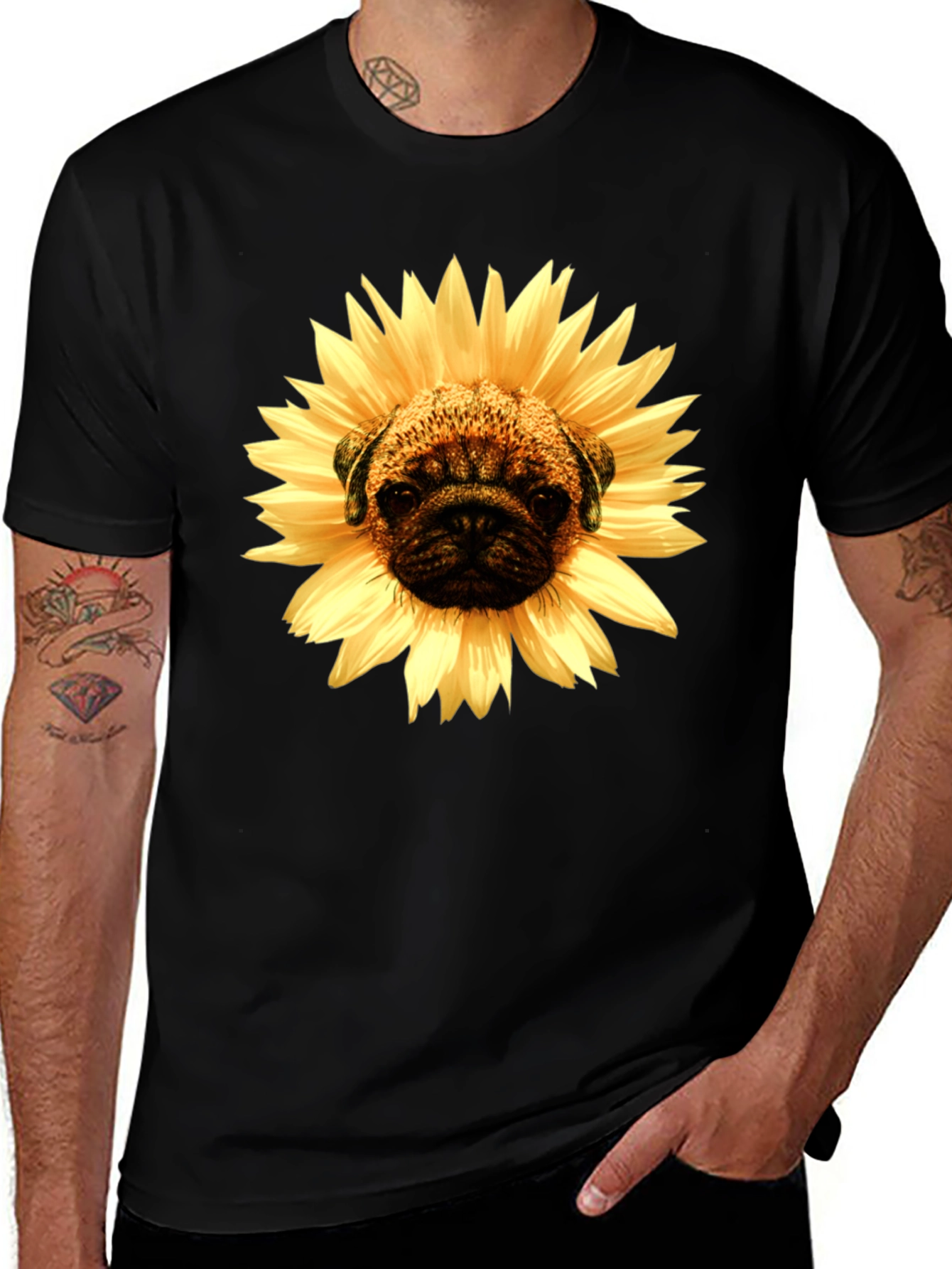 Sunflower Pug Graphic Tee - Mens Black T-Shirt