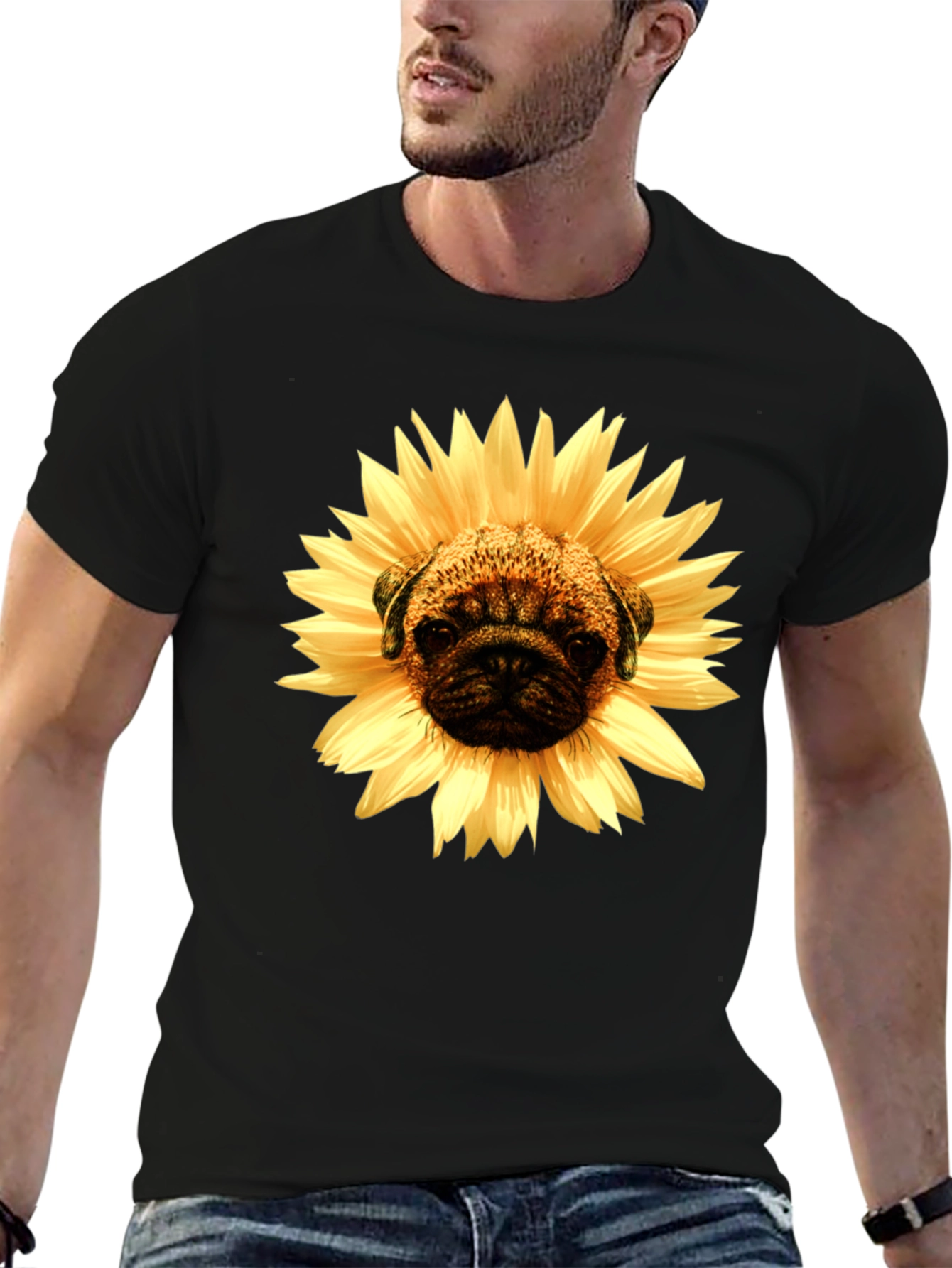 Sunflower Pug Graphic Tee - Mens Black T-Shirt
