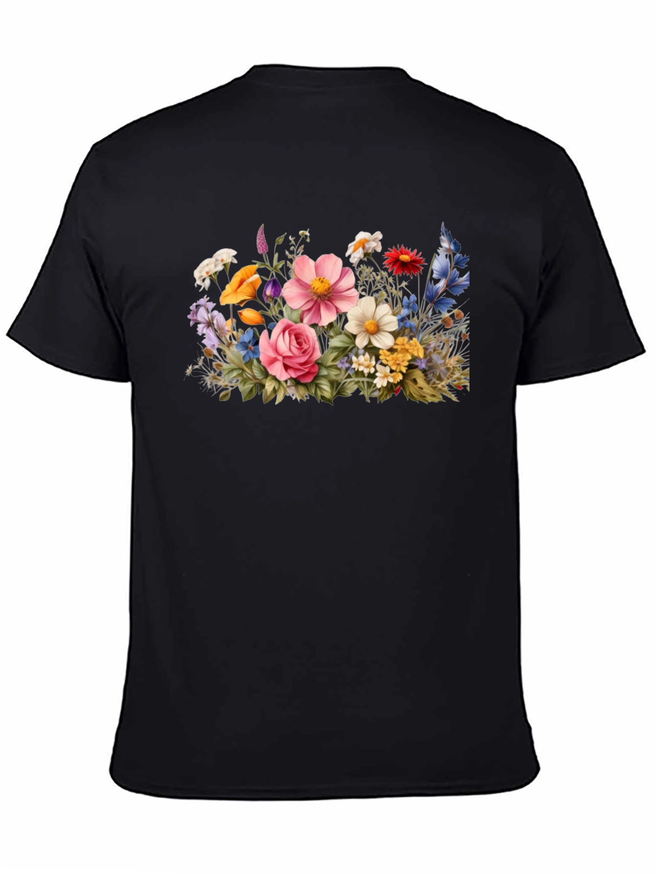 Floral Bouquet Graphic Tee - Black Cotton T-Shirt