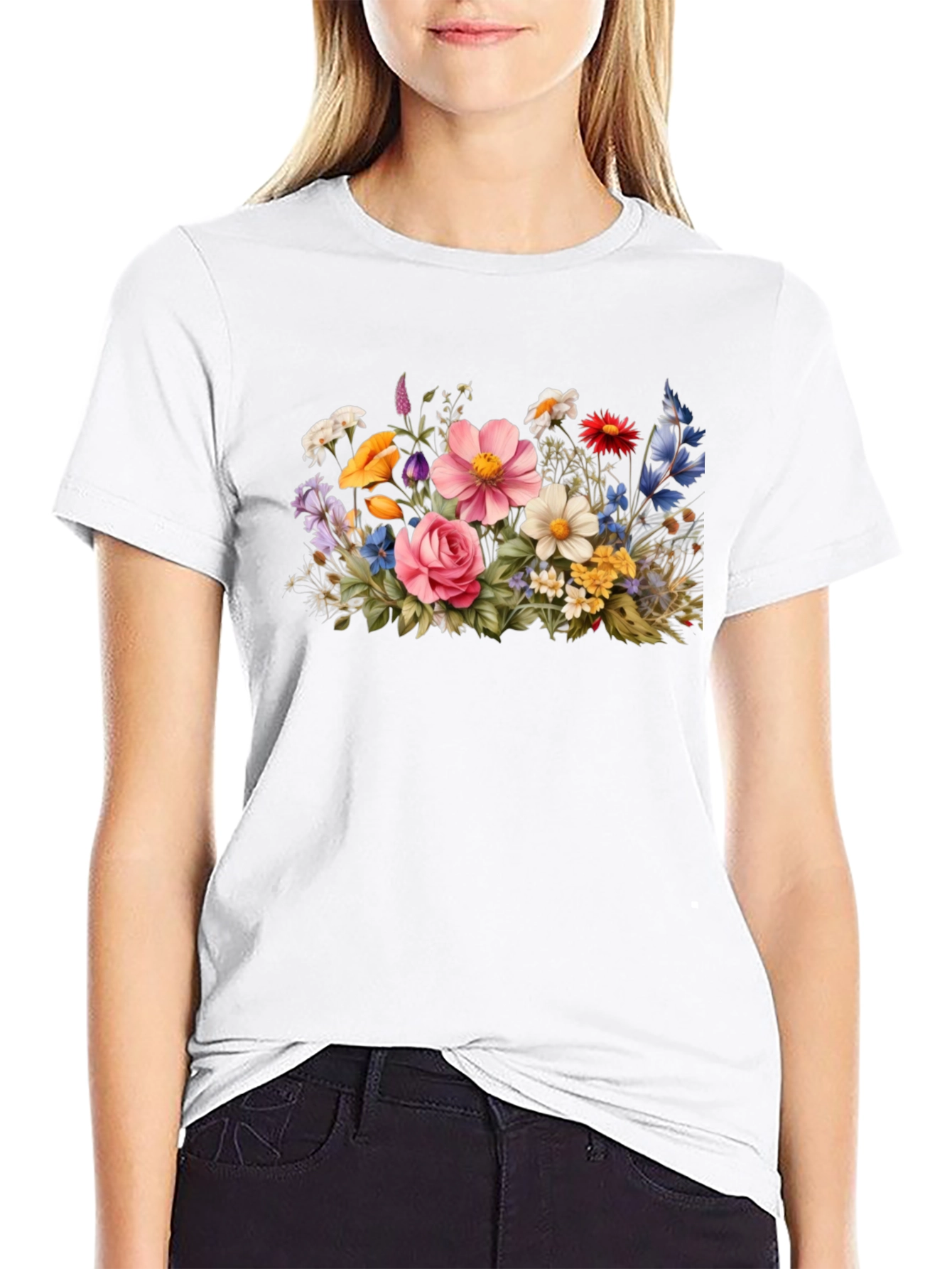 Floral Bouquet Graphic Tee - Black Cotton T-Shirt
