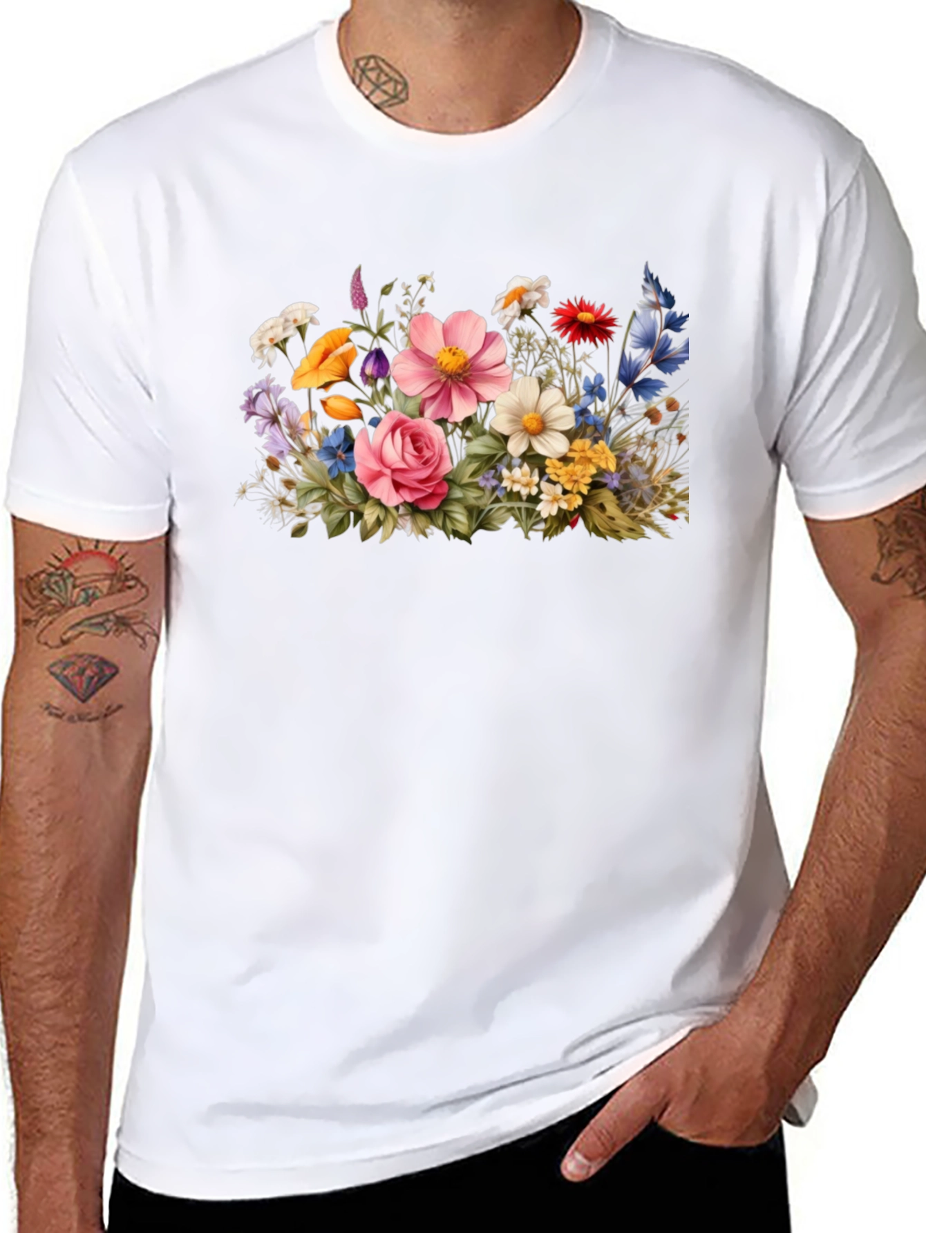 Floral Bouquet Graphic Tee - Black Cotton T-Shirt