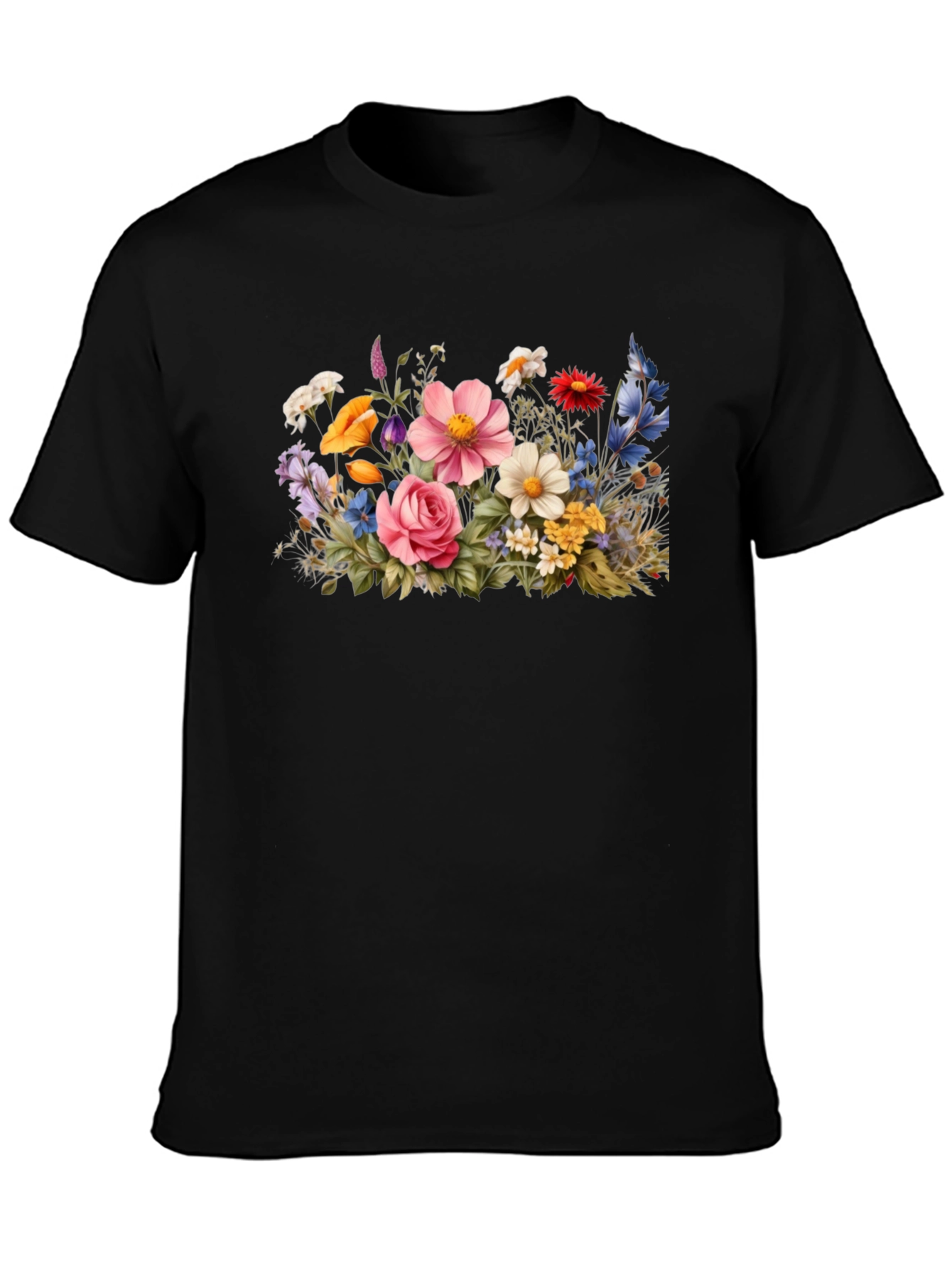 Floral Bouquet Graphic Tee - Black Cotton T-Shirt