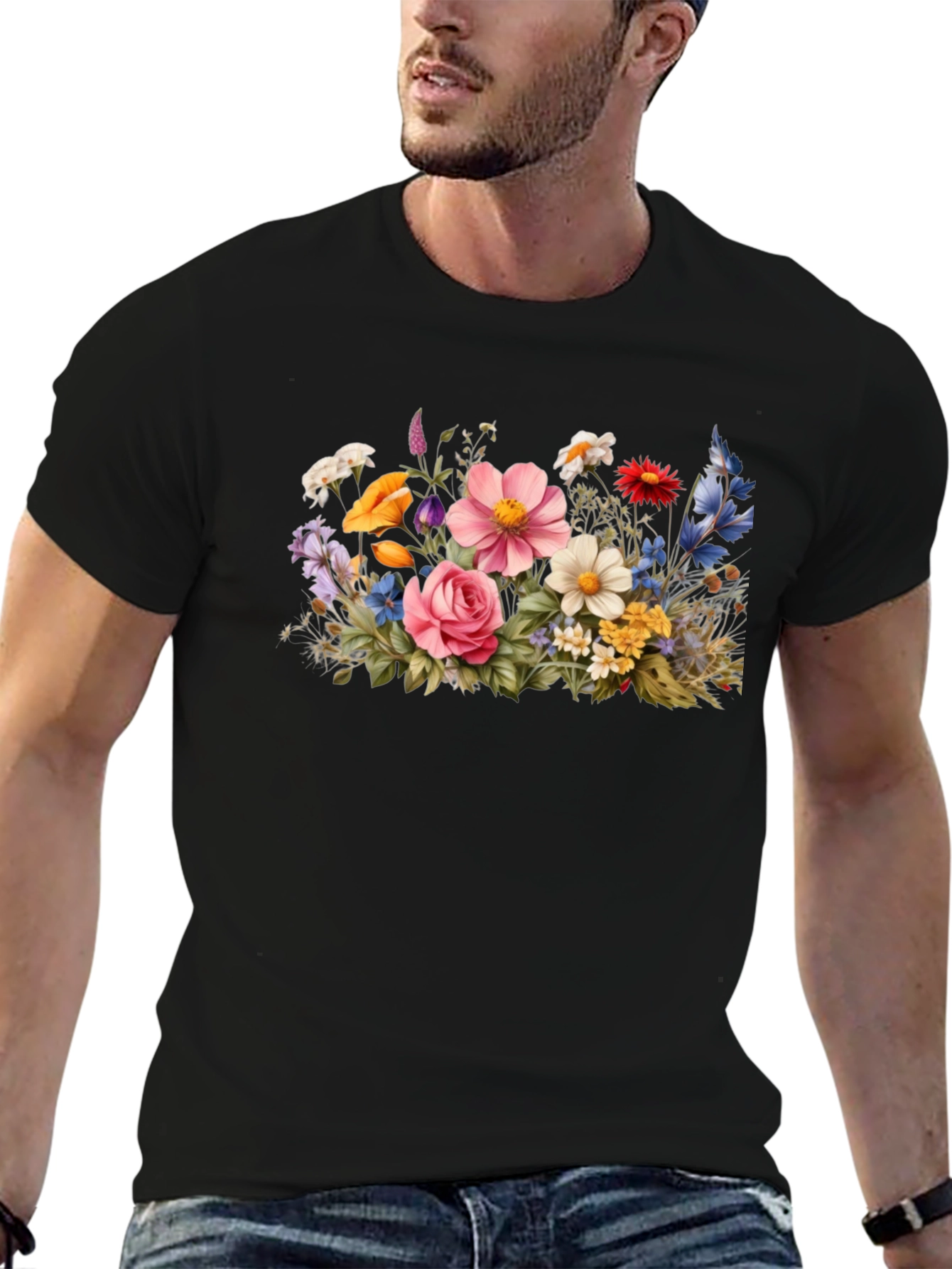 Floral Bouquet Graphic Tee - Black Cotton T-Shirt