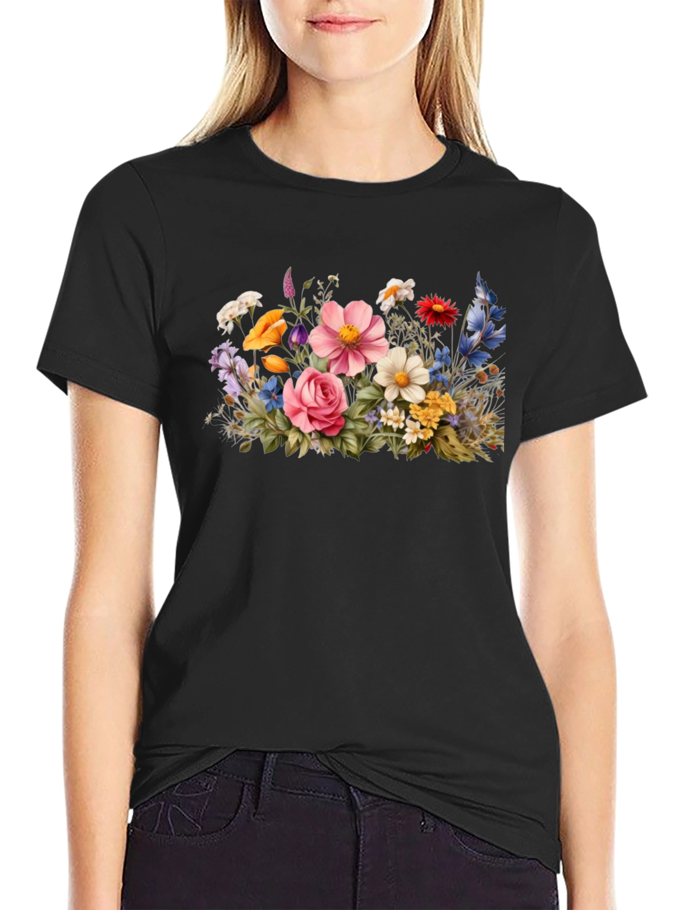 Floral Bouquet Graphic Tee - Black Cotton T-Shirt