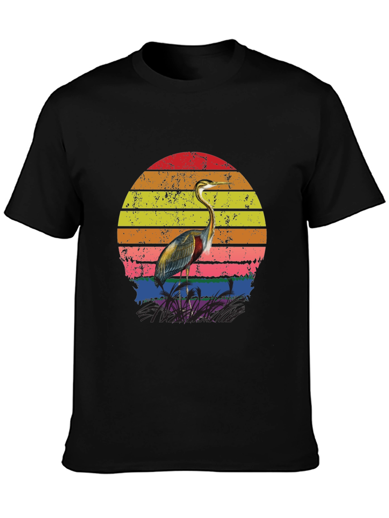 Retro Heron Sunset Graphic Tee - Black Cotton Blend