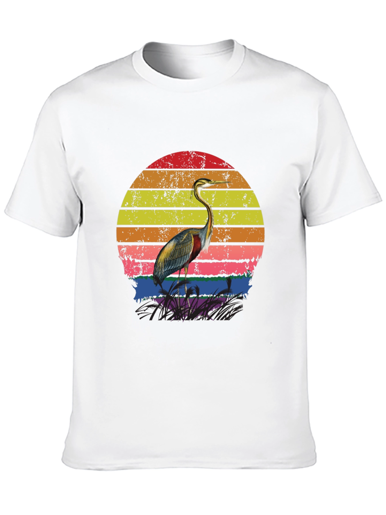 Retro Heron Sunset Graphic Tee - Black Cotton Blend