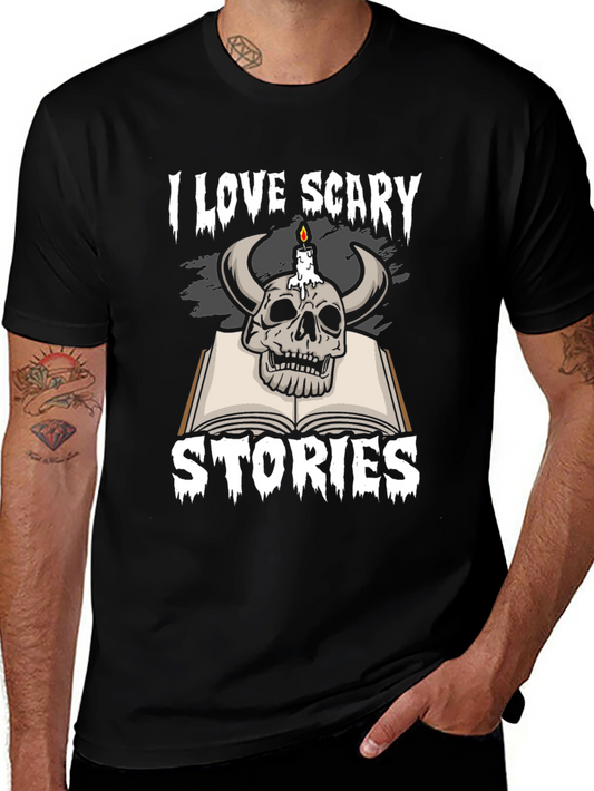 I Love Scary Stories T-Shirt Skull Candle Book Design