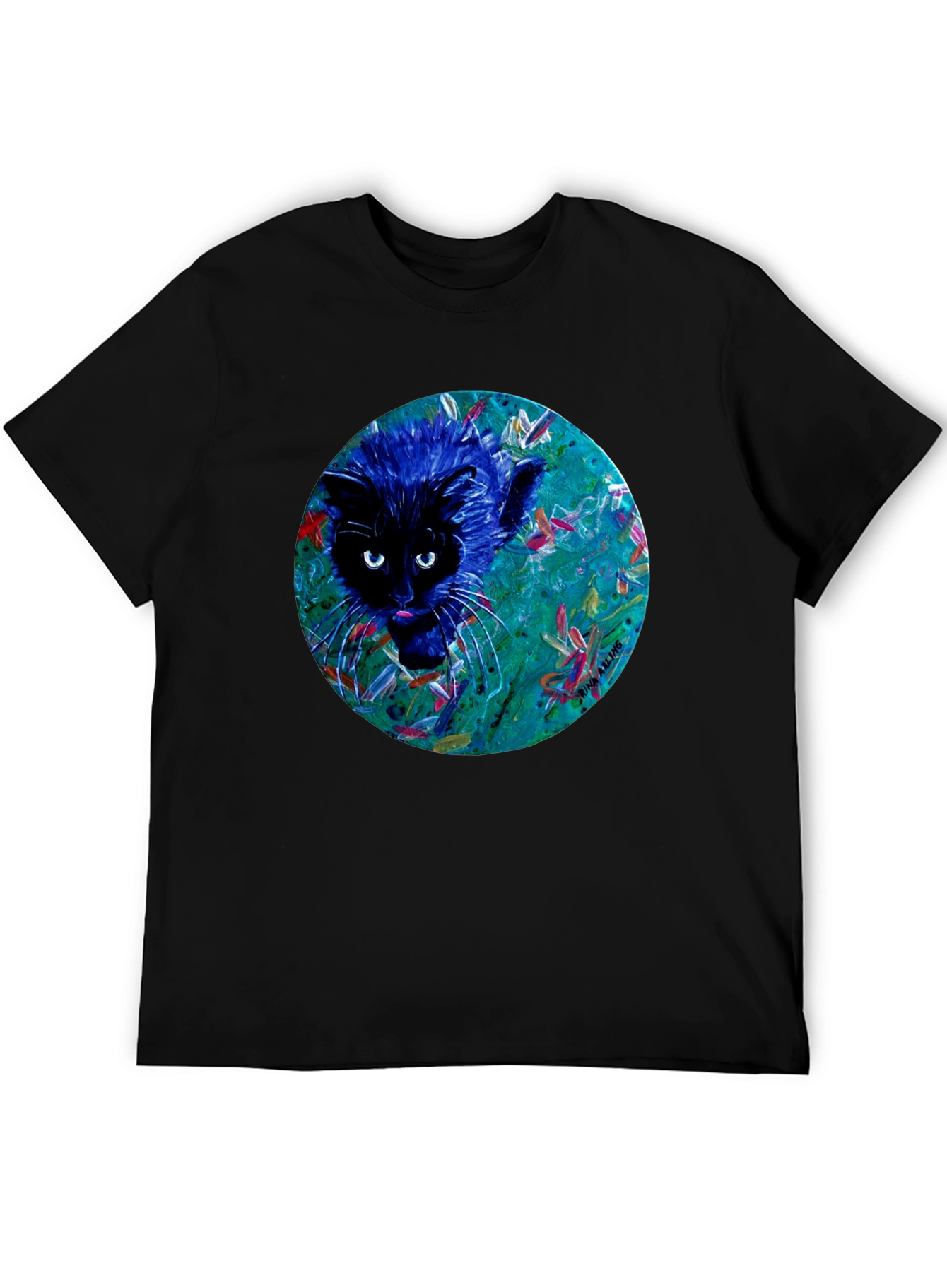 Abstract Cat Graphic Tee - Black Cotton T-Shirt
