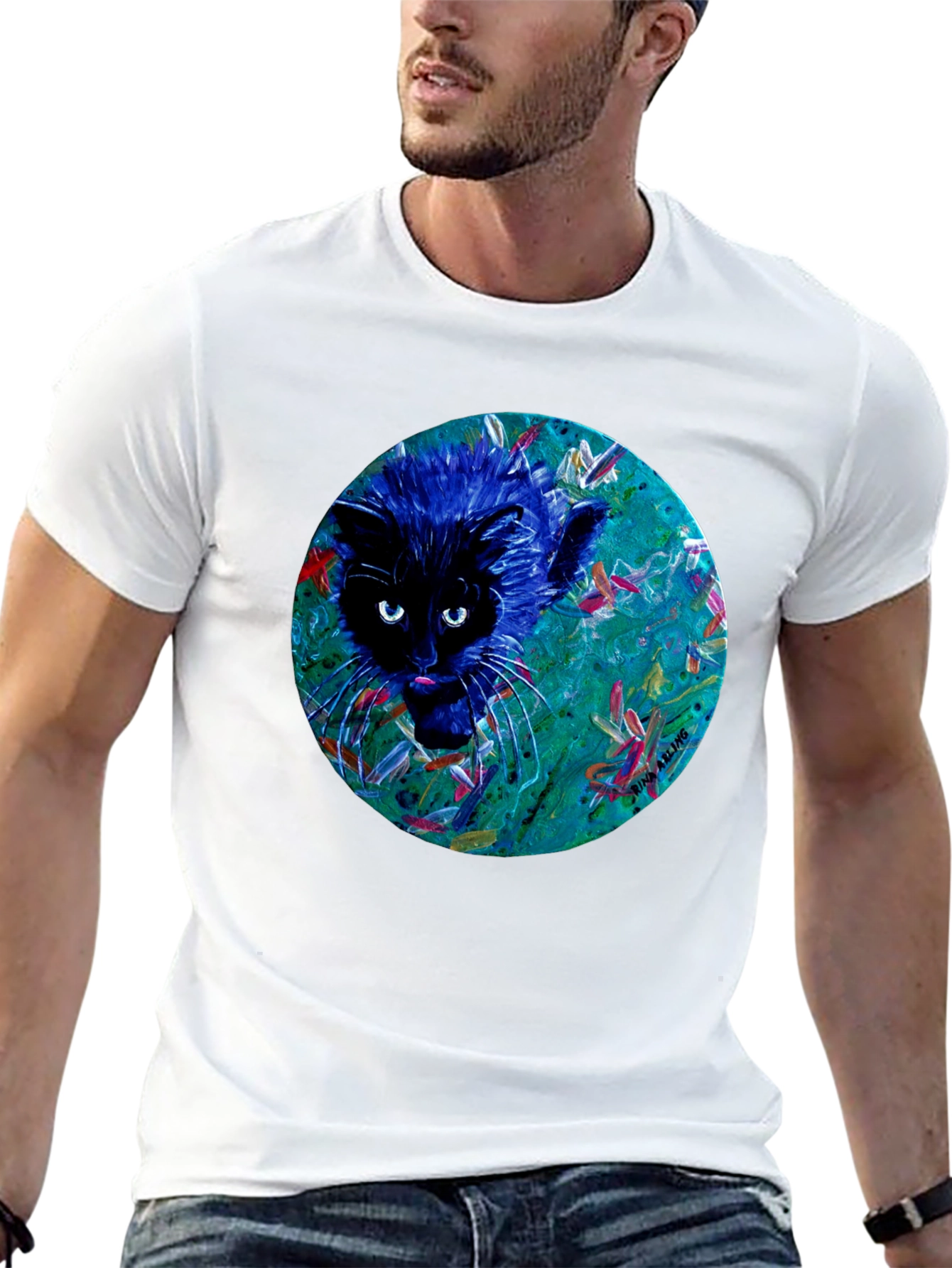 Abstract Cat Graphic Tee - Black Cotton T-Shirt