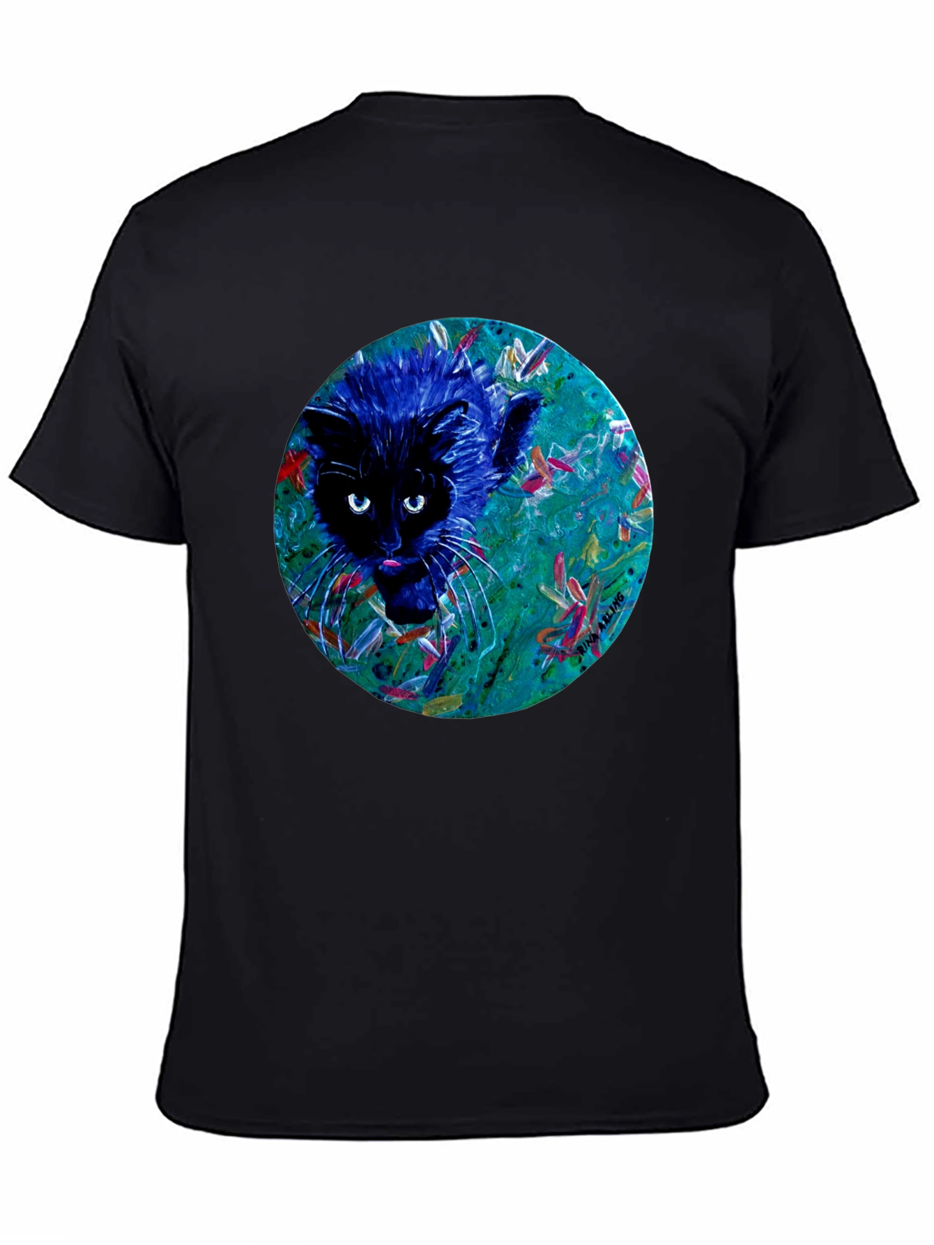 Abstract Cat Graphic Tee - Black Cotton T-Shirt