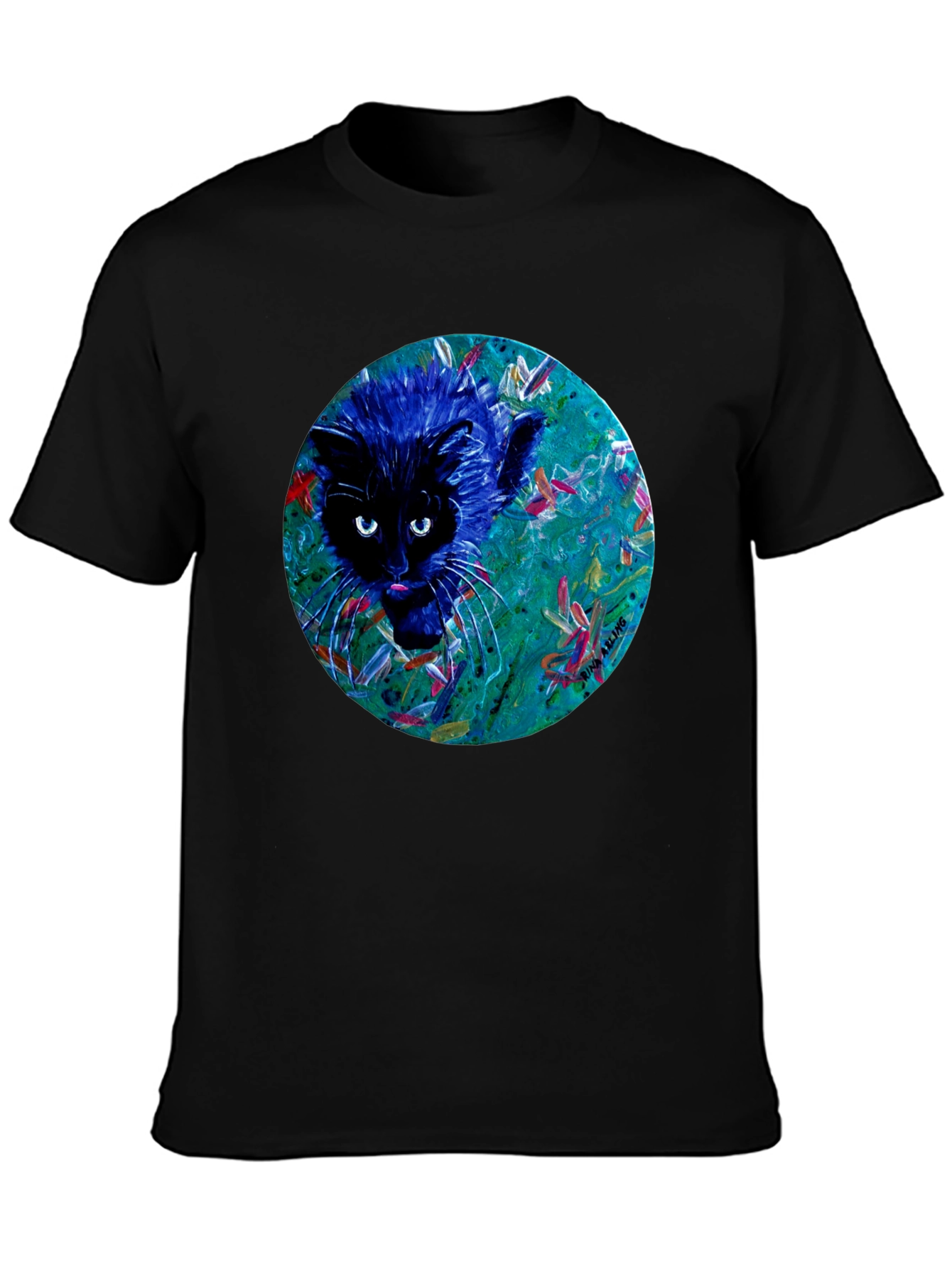 Abstract Cat Graphic Tee - Black Cotton T-Shirt