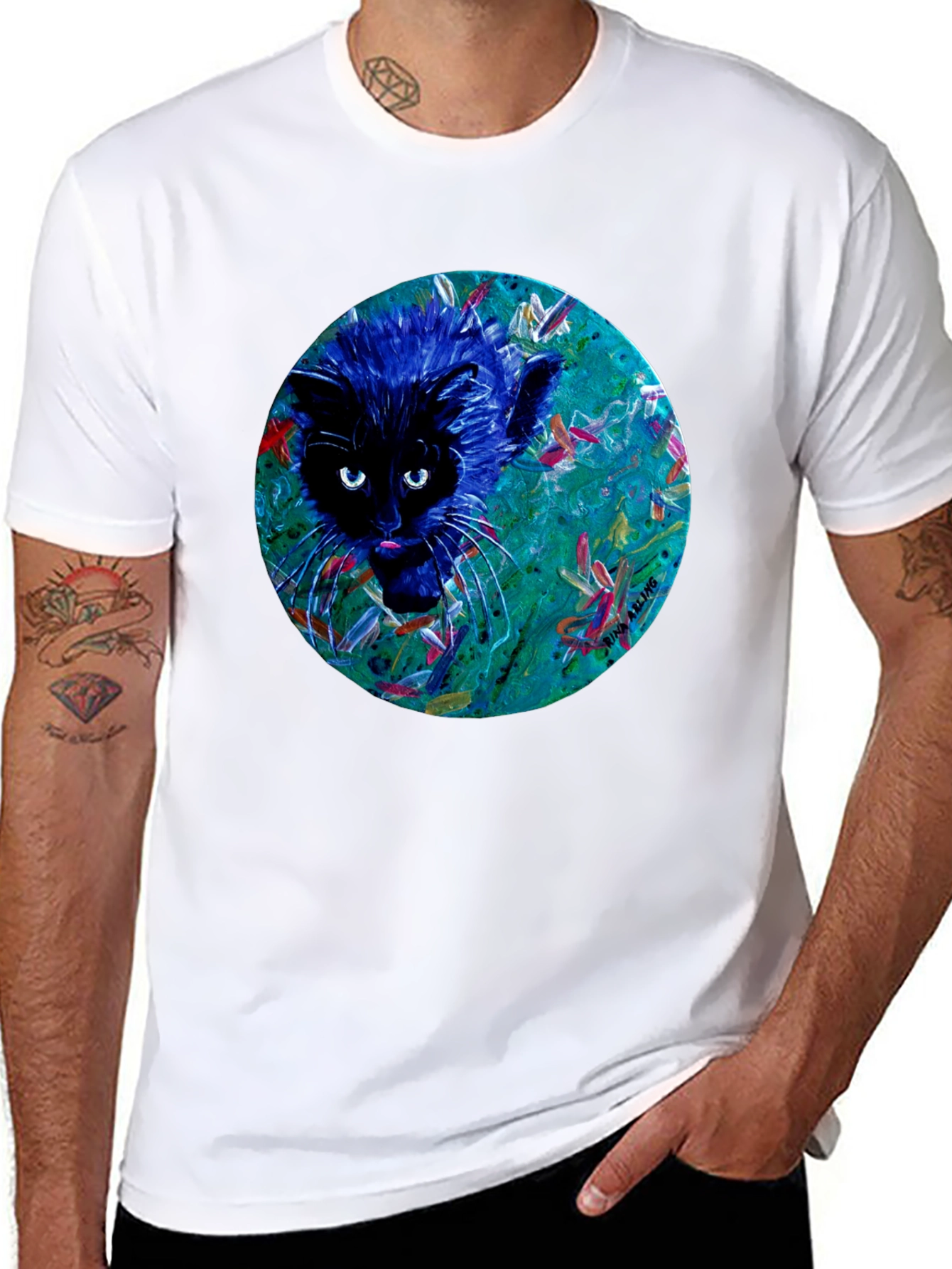Abstract Cat Graphic Tee - Black Cotton T-Shirt