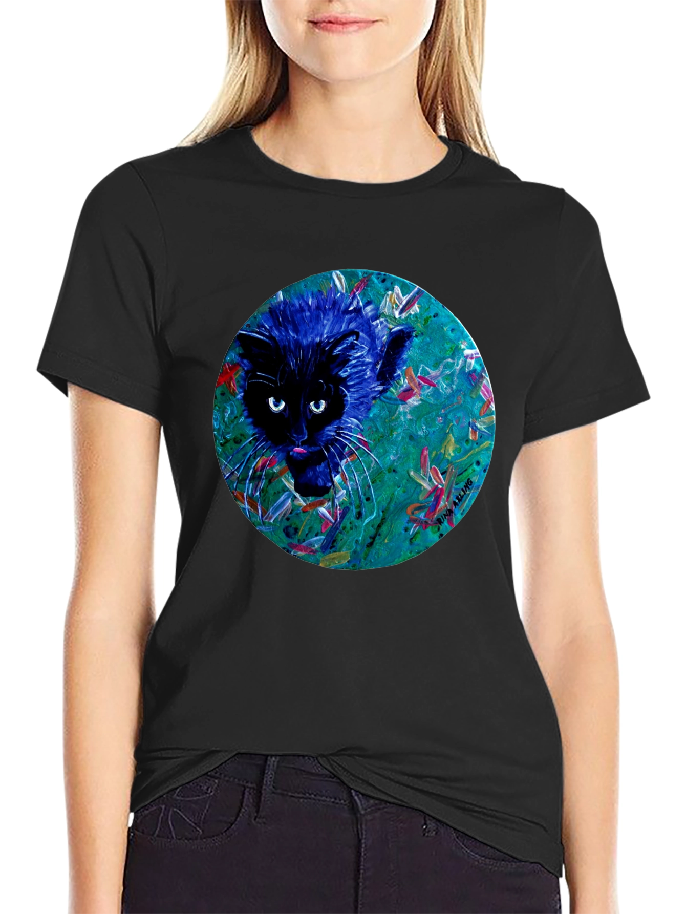 Abstract Cat Graphic Tee - Black Cotton T-Shirt
