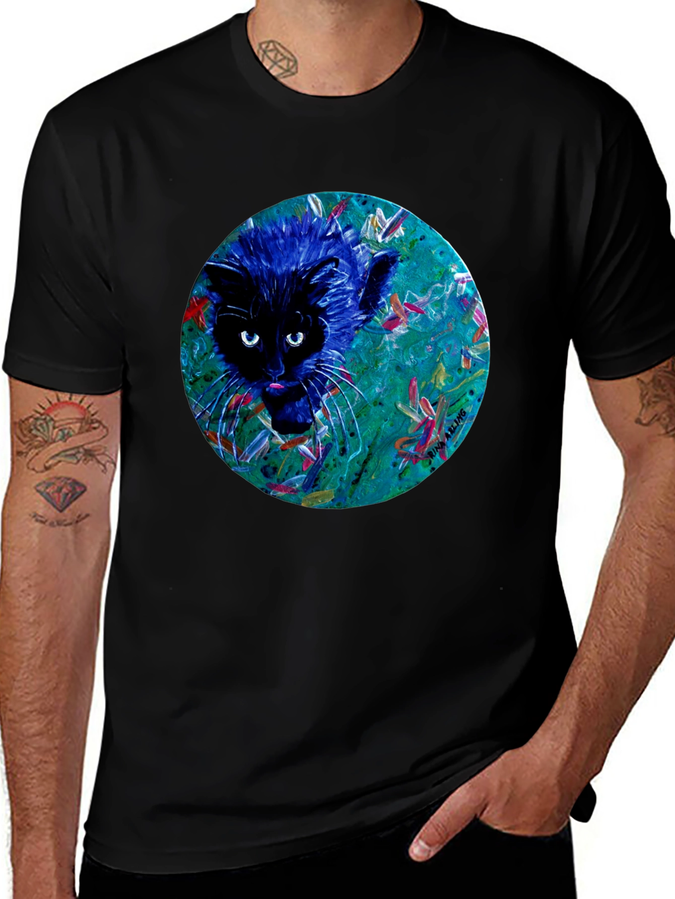 Abstract Cat Graphic Tee - Black Cotton T-Shirt