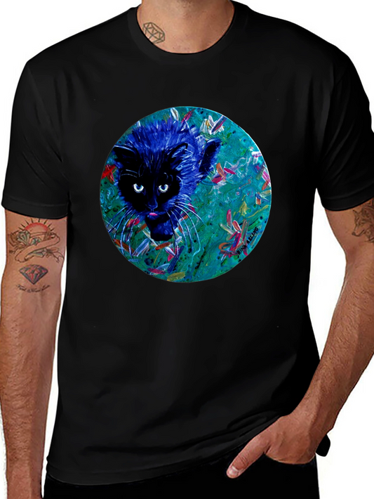 Abstract Cat Graphic Tee - Black Cotton T-Shirt