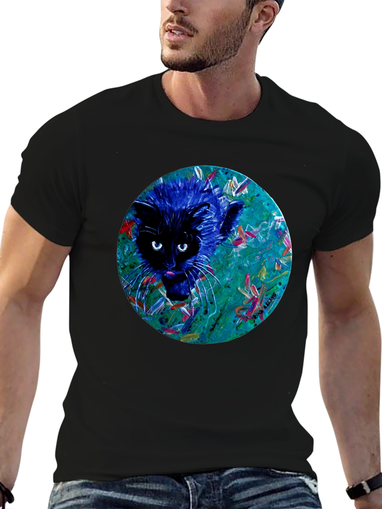 Abstract Cat Graphic Tee - Black Cotton T-Shirt