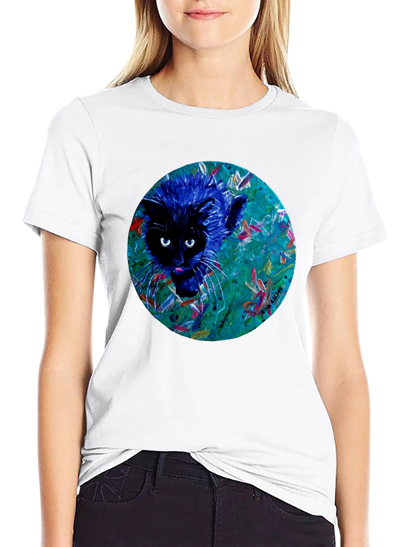 Abstract Cat Graphic Tee - Black Cotton T-Shirt