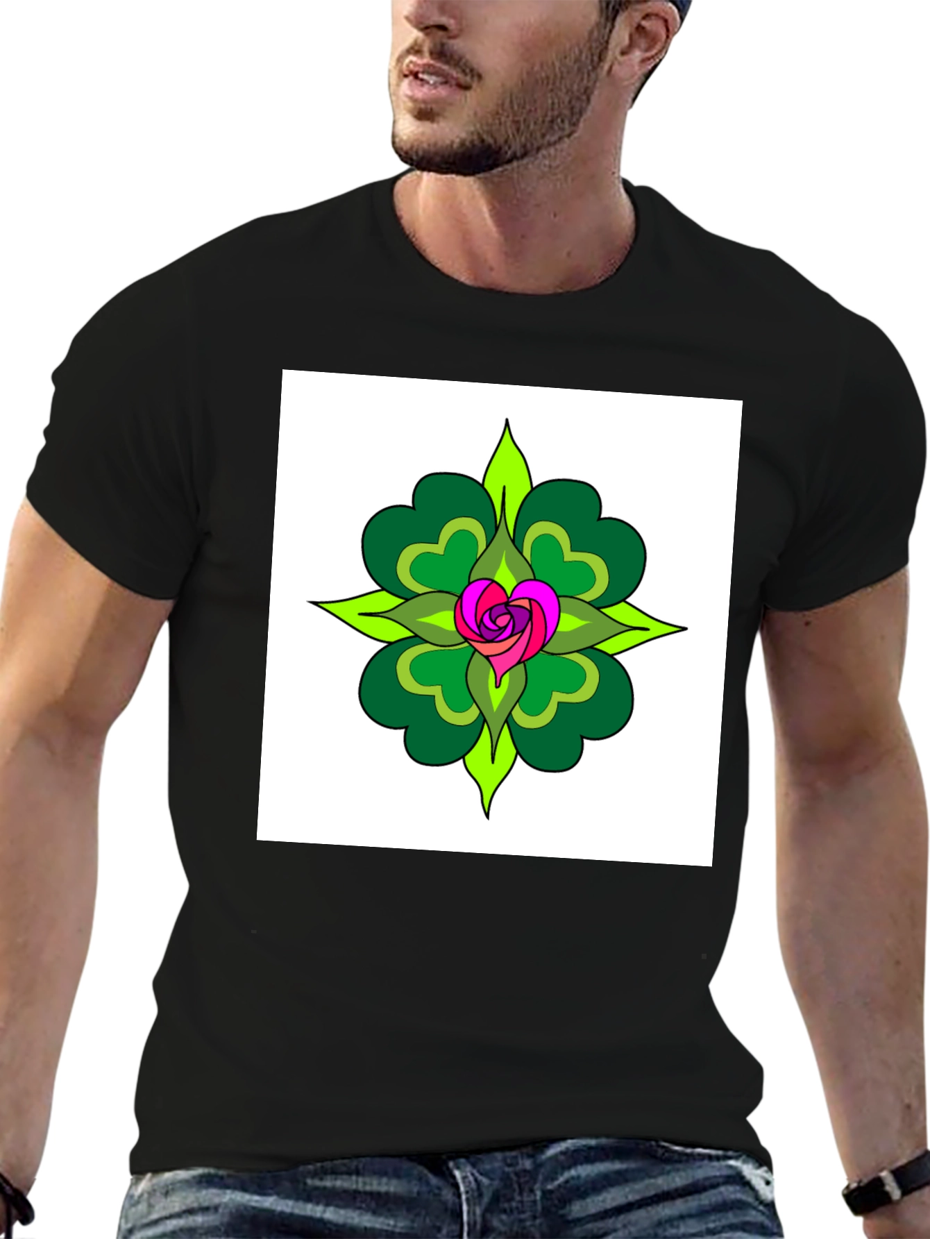 Floral Heart Mandala Black T-Shirt