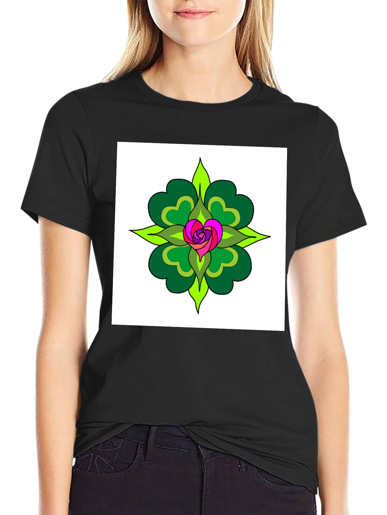 Floral Heart Mandala Black T-Shirt