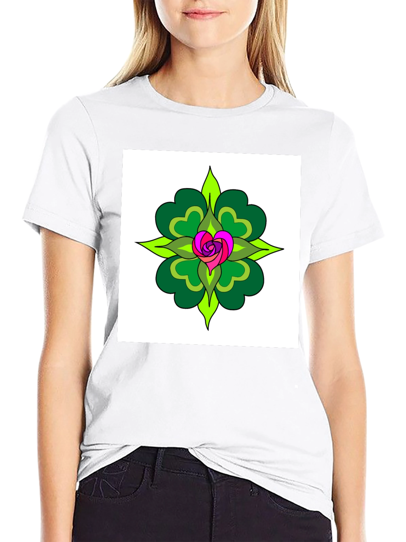 Floral Heart Mandala Black T-Shirt